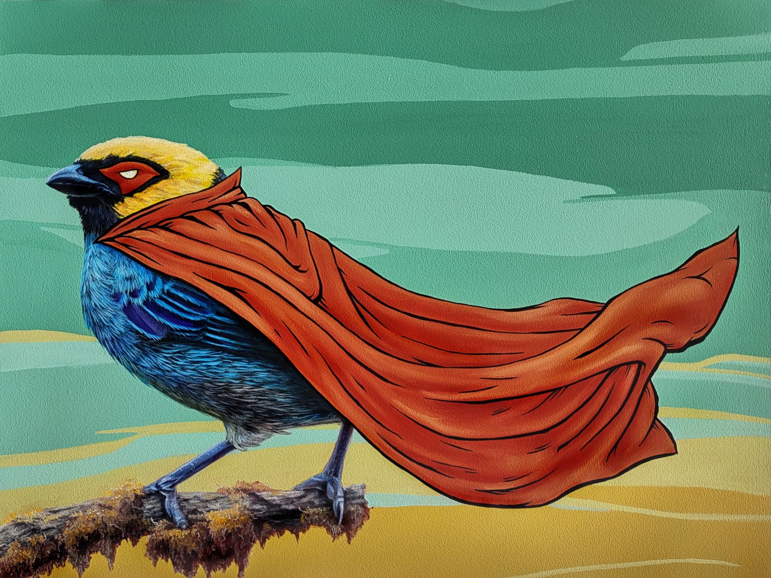 Animal Painting 3rd Version (Ben Patterson) - « Masks We Wear, For Anonymity », peinture à l'huile d'oiseau avec cape rouge