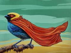 « Masks We Wear, For Anonymity », peinture à l'huile d'oiseau avec cape rouge