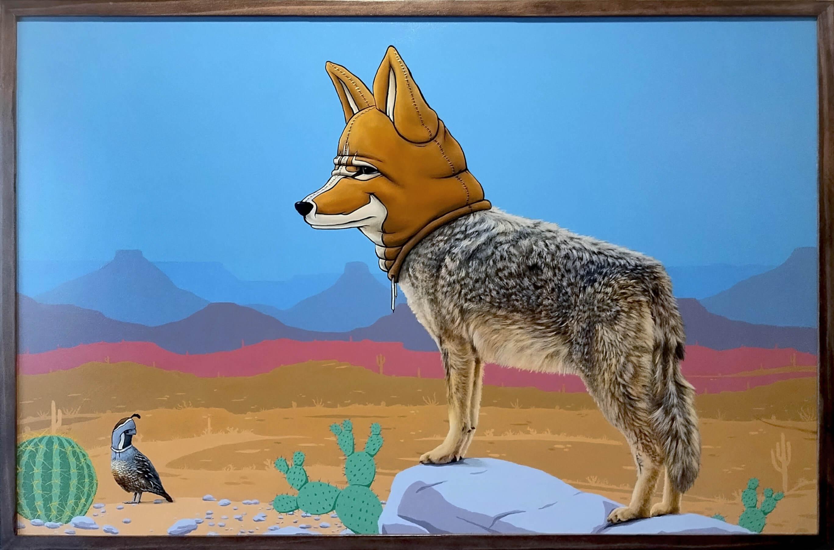 „Masken We Wear, Overtaking the Past“, Maskiertes Cayote-Ölgemälde – Painting von 3rd Version (Ben Patterson)