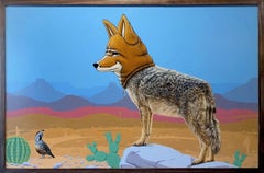 "Máscaras que llevamos, superando el pasado" - Pintura al óleo, Coyote enmascarado y pájaro