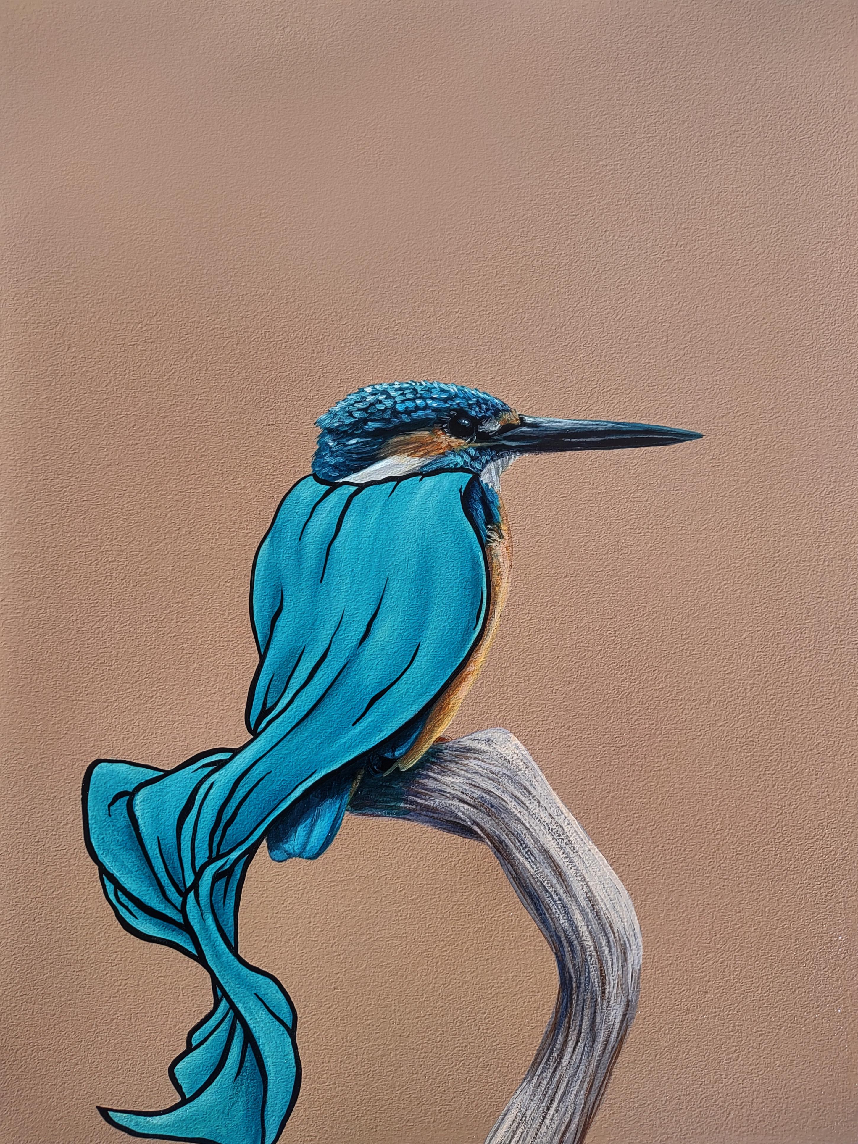 Animal Painting 3rd Version (Ben Patterson) - « Masks We Wear, Sometimes it's a Cape », peinture à l'huile de Woodpecker avec Cape bleue