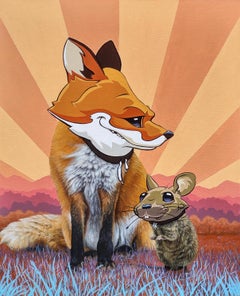 "Masques que nous portons, pour coïncider", peinture à l'huile d'un renard avec un masque de renard