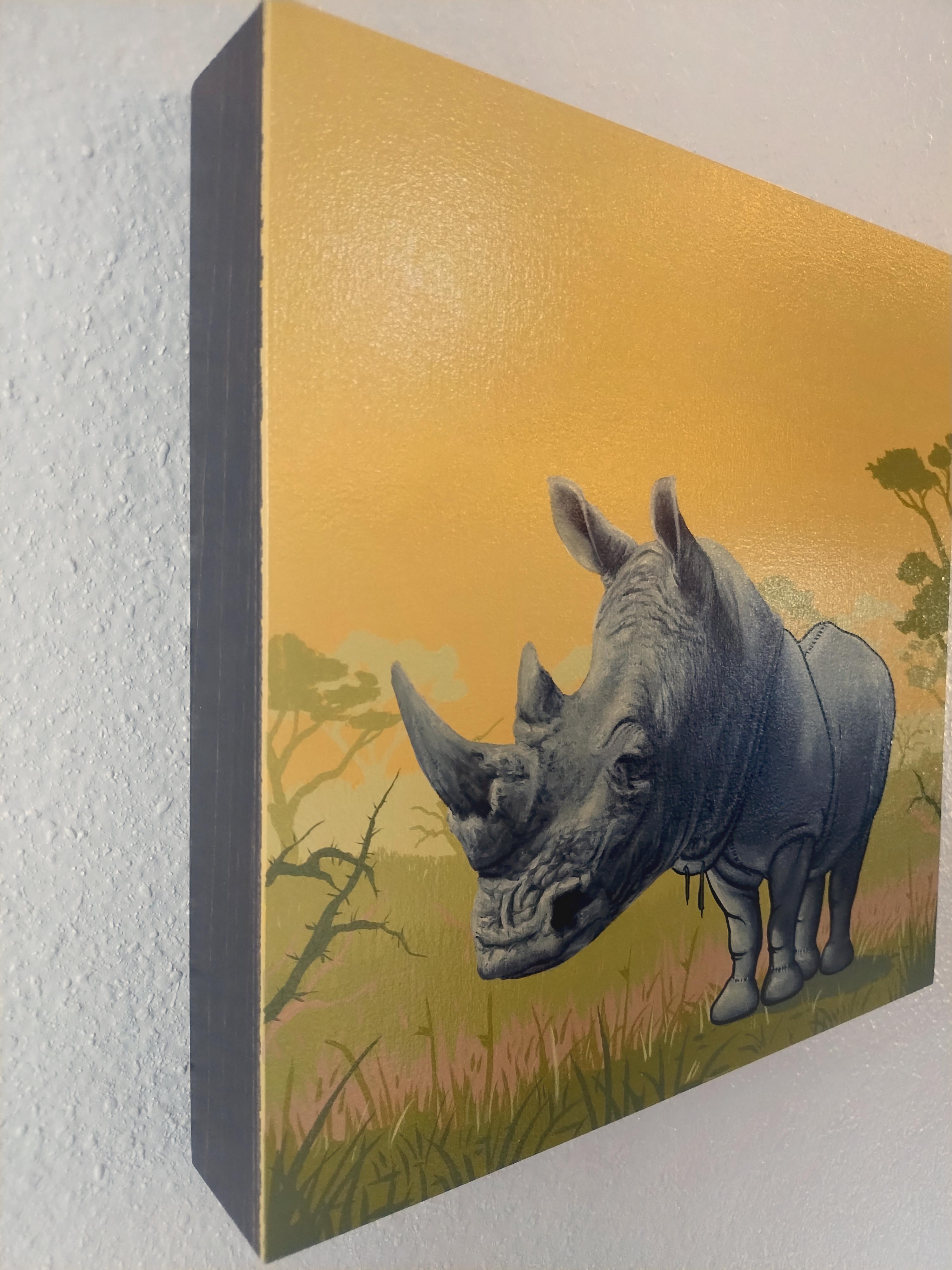 „Masken, die weisen sich ab, wollen wachsen“, Rhinoceros mit einem  Maske Ölgemälde – Painting von 3rd Version (Ben Patterson)