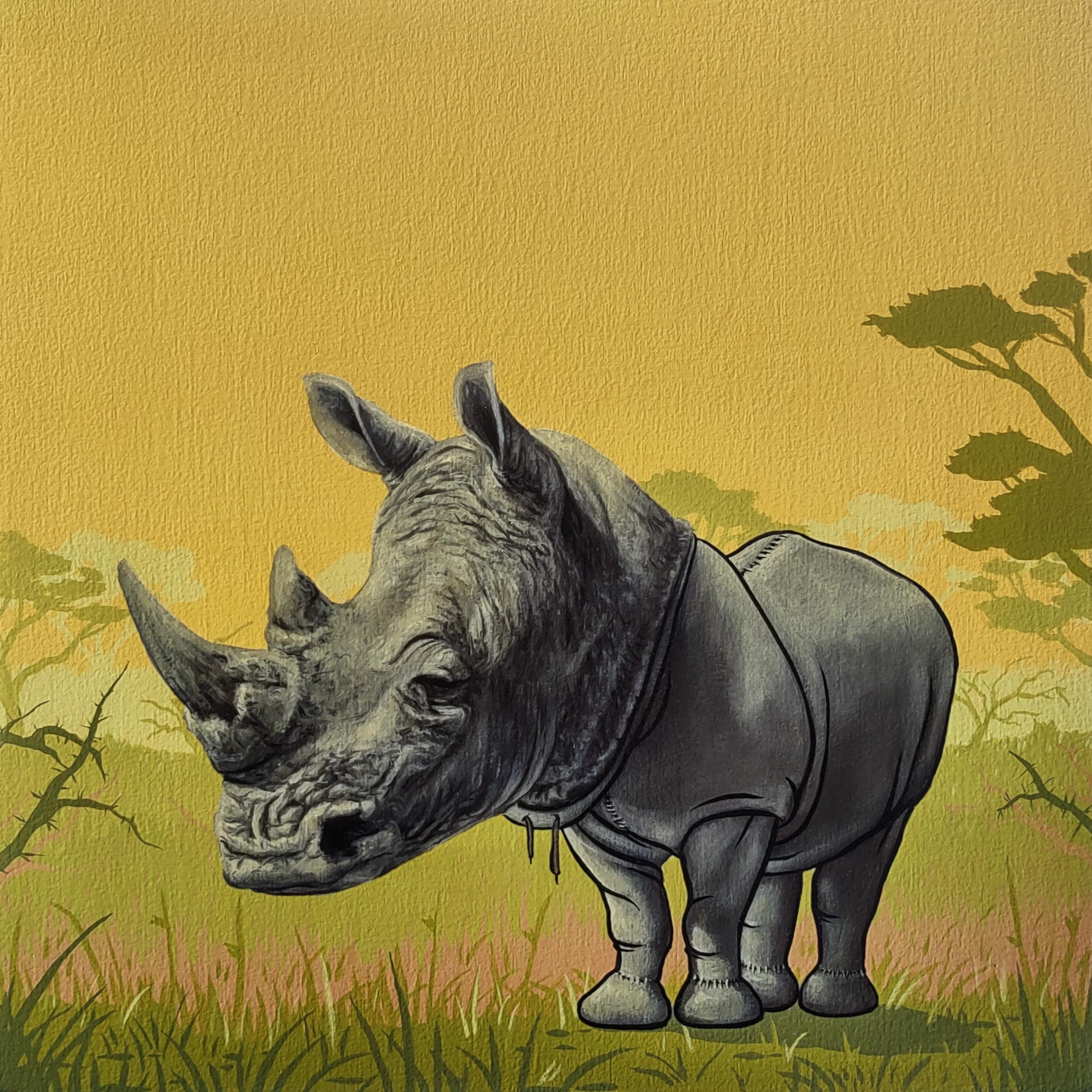 3rd Version (Ben Patterson) Animal Painting - "Masks We Wear, Wanting to Grow", Rhinoceros with a  Mask Oil Painting
