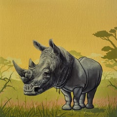 "Masks We Wear, Wanting to Grow", Rhinoceros with a  Mask Oil Painting