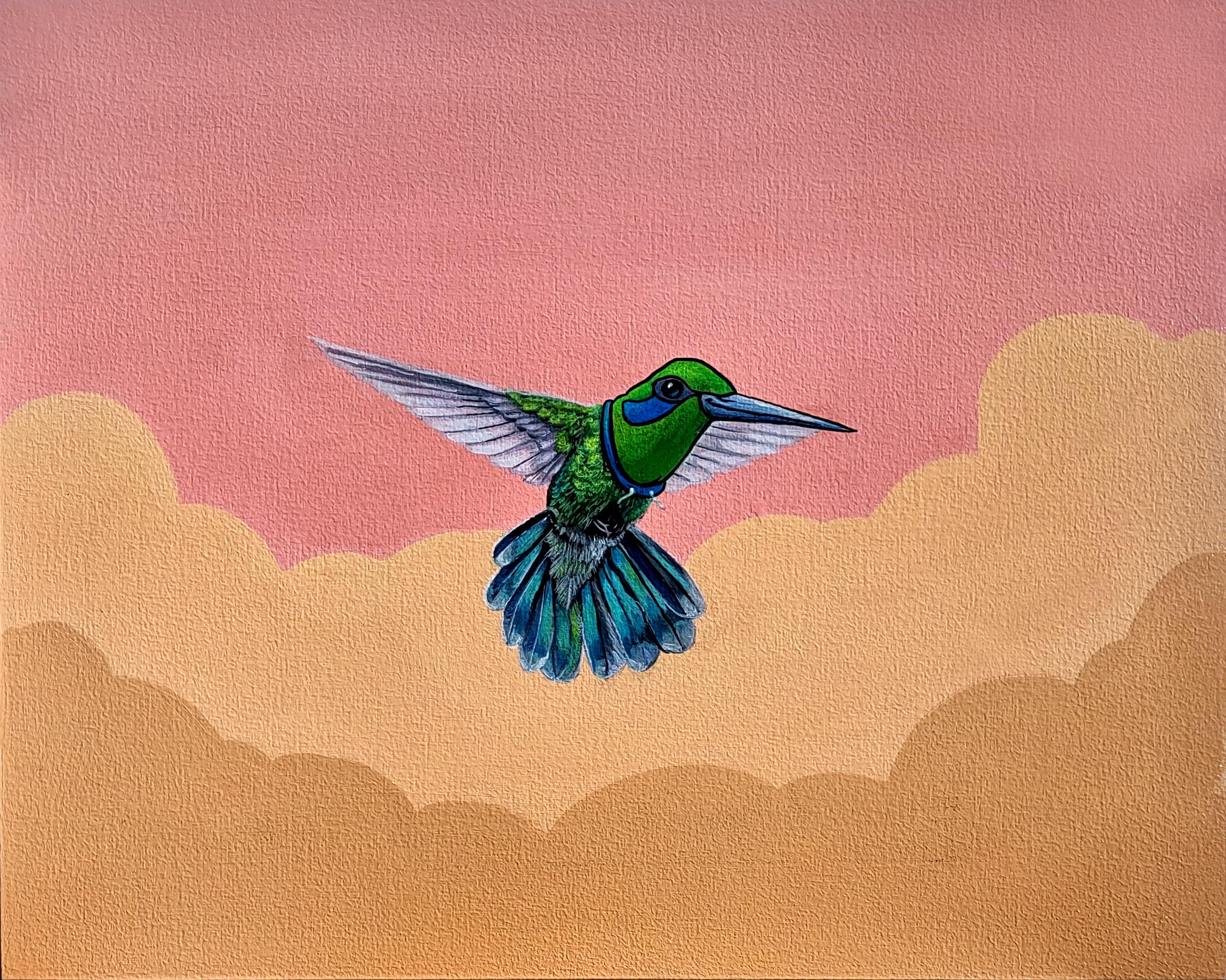3rd Version (Ben Patterson) Animal Painting - "Reaching New Heights", Hummingbird in Flight Oil Painting