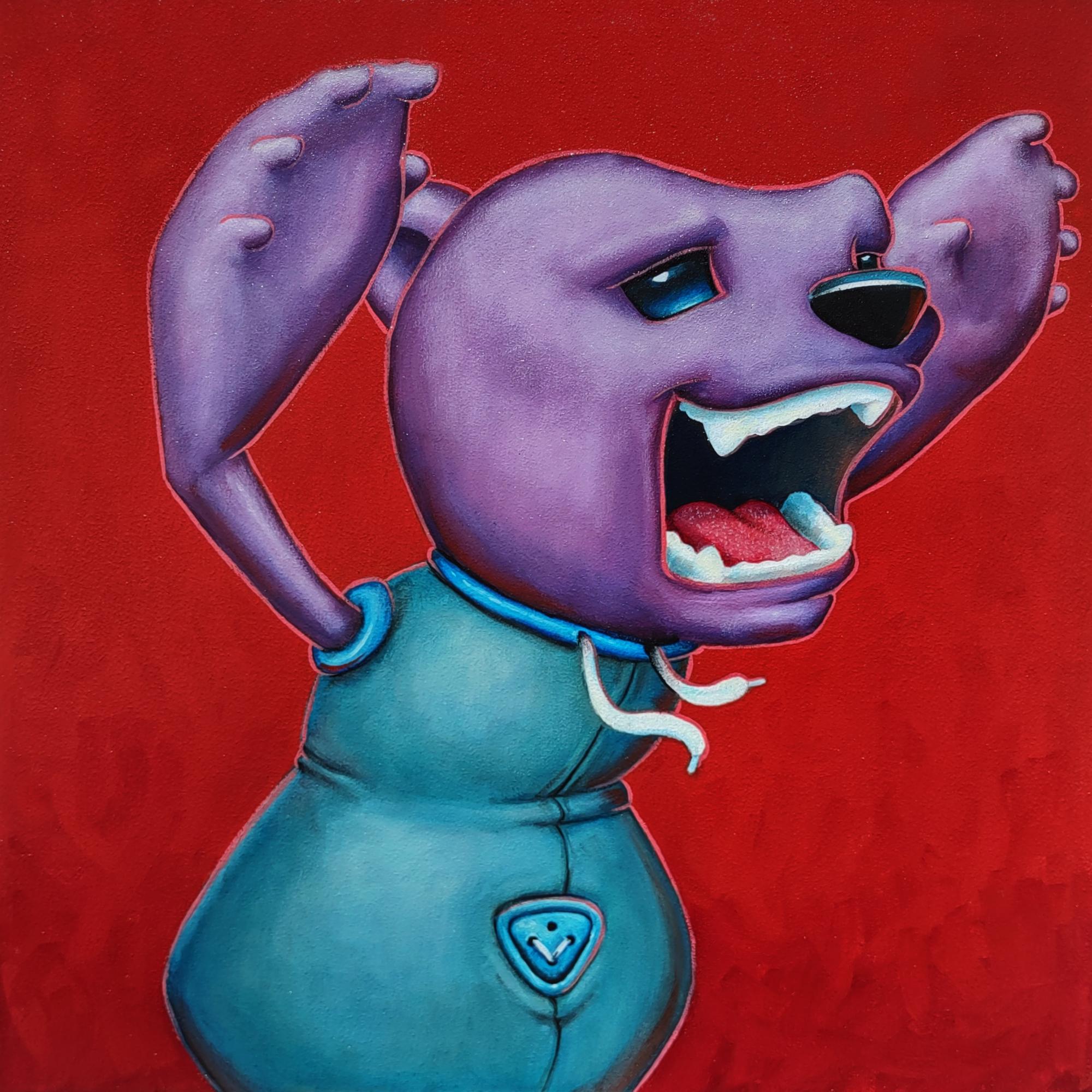 Animal Painting 3rd Version (Ben Patterson) - "Roar",  Peinture à l'huile d'un carton de caractère violet