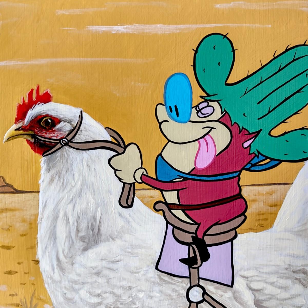 Figurative Painting 3rd Version (Ben Patterson) - Peinture à l'huile « Stupid the Kid », personnage de carton chevauchant un poulet