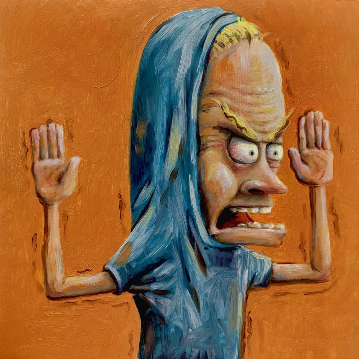 3rd Version (Ben Patterson) Figurative Painting - "Where's the Goddamn TP", Beavis with his Hands Up Oil Painting