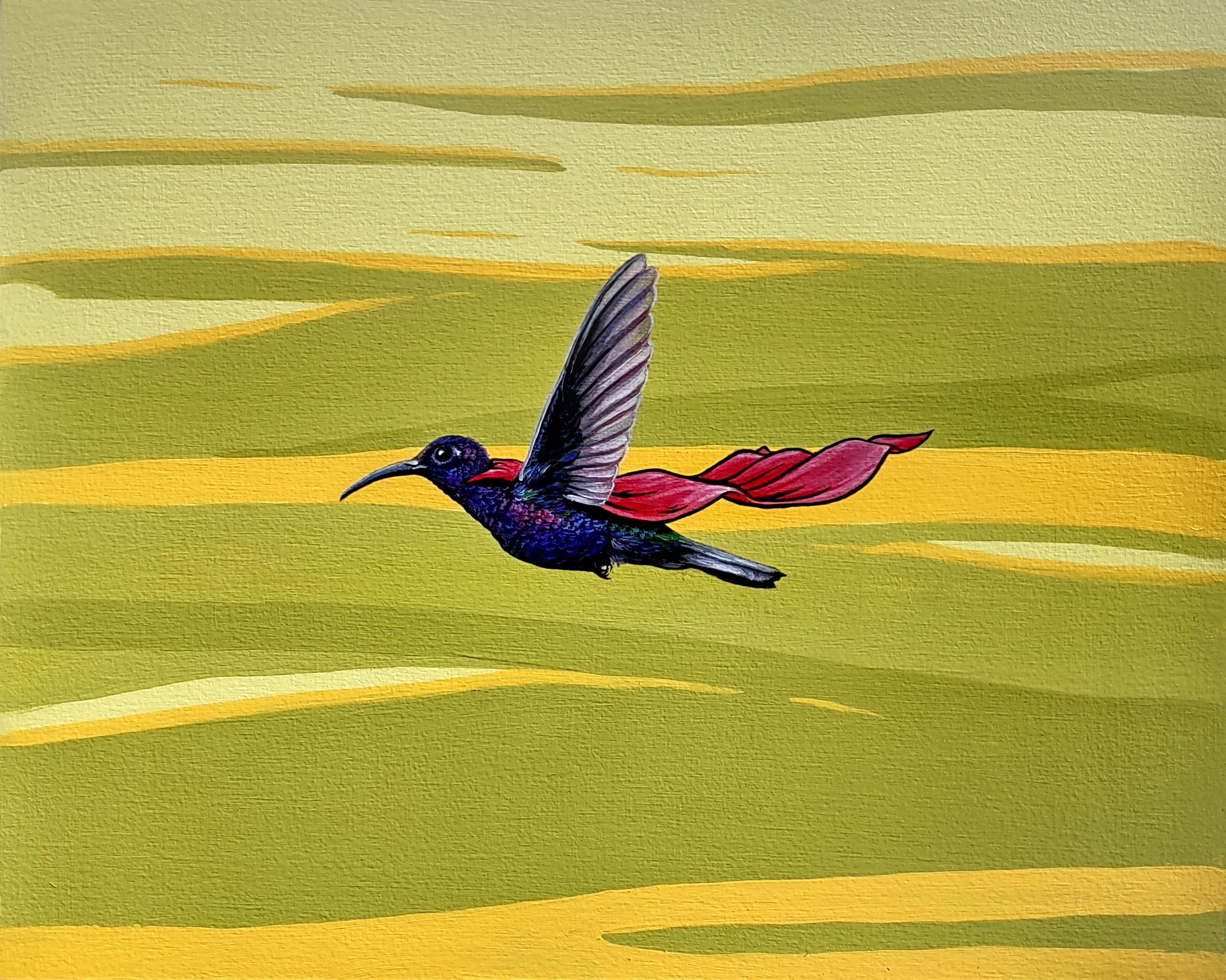 3rd Version (Ben Patterson) Figurative Painting - "Zippity", Hummingbird in Flight with a Red Cape Oil Painting