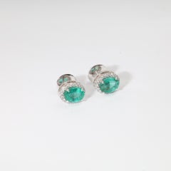 3tcw Natural Oval-Cut Emerald & Diamond Halo Stud Earrings in 18K White Gold