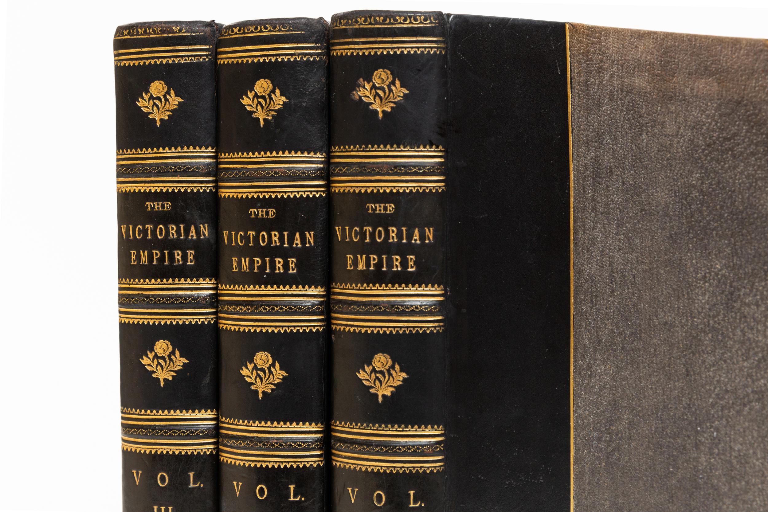 3 Volumes. James Taylor. The Victorian Empire. A Brilliant Epoch In Our National History.Bound in 3/4 blue calf, linen boards, marbled endpapers, top edges gilt,
raised bands, gilt panels, illustrated. Published: London: William MacKenzie.