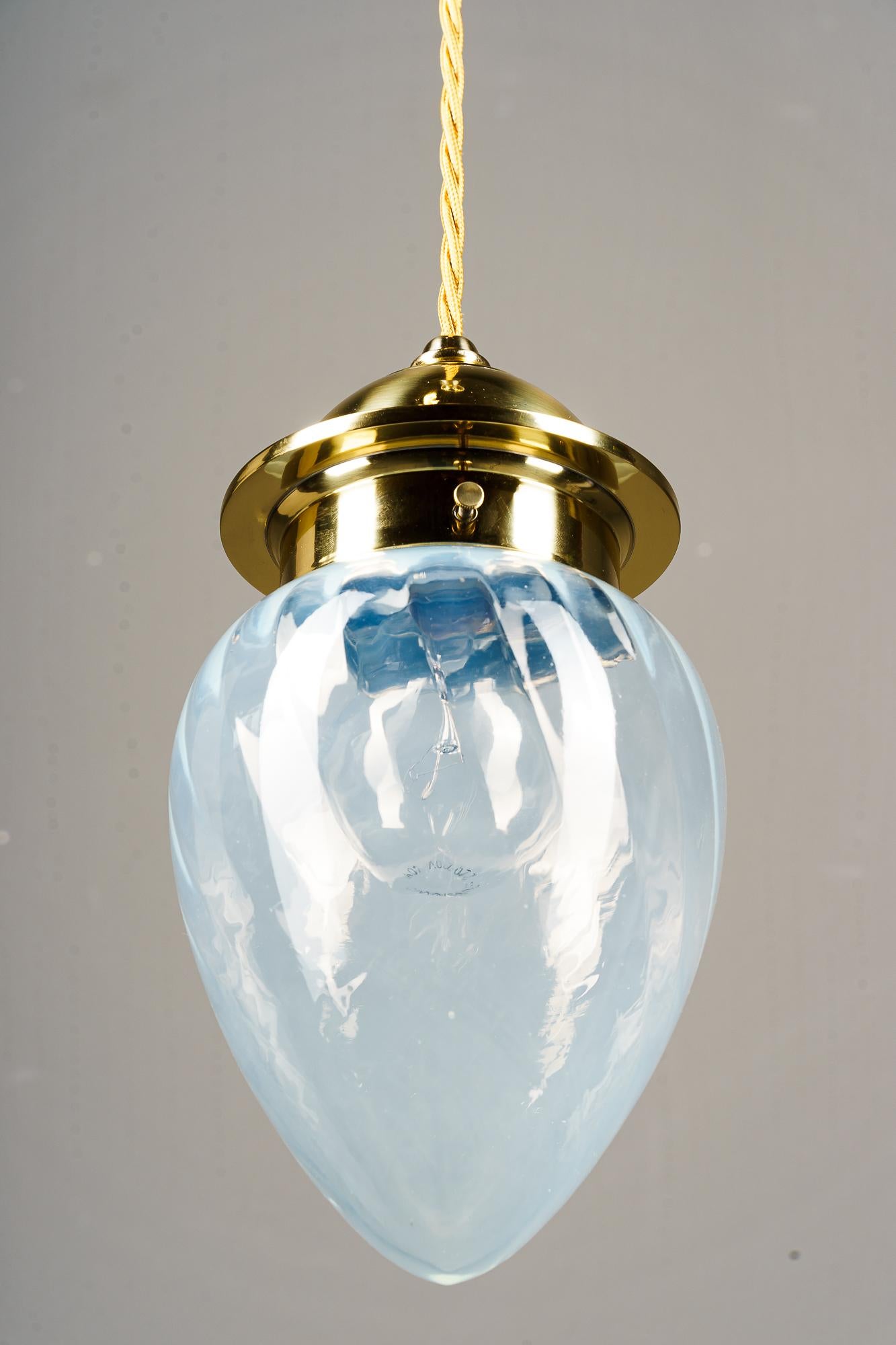 3x art deco pendant with blue opaline glass shades vienna around 1920s In Good Condition For Sale In Wien, AT
