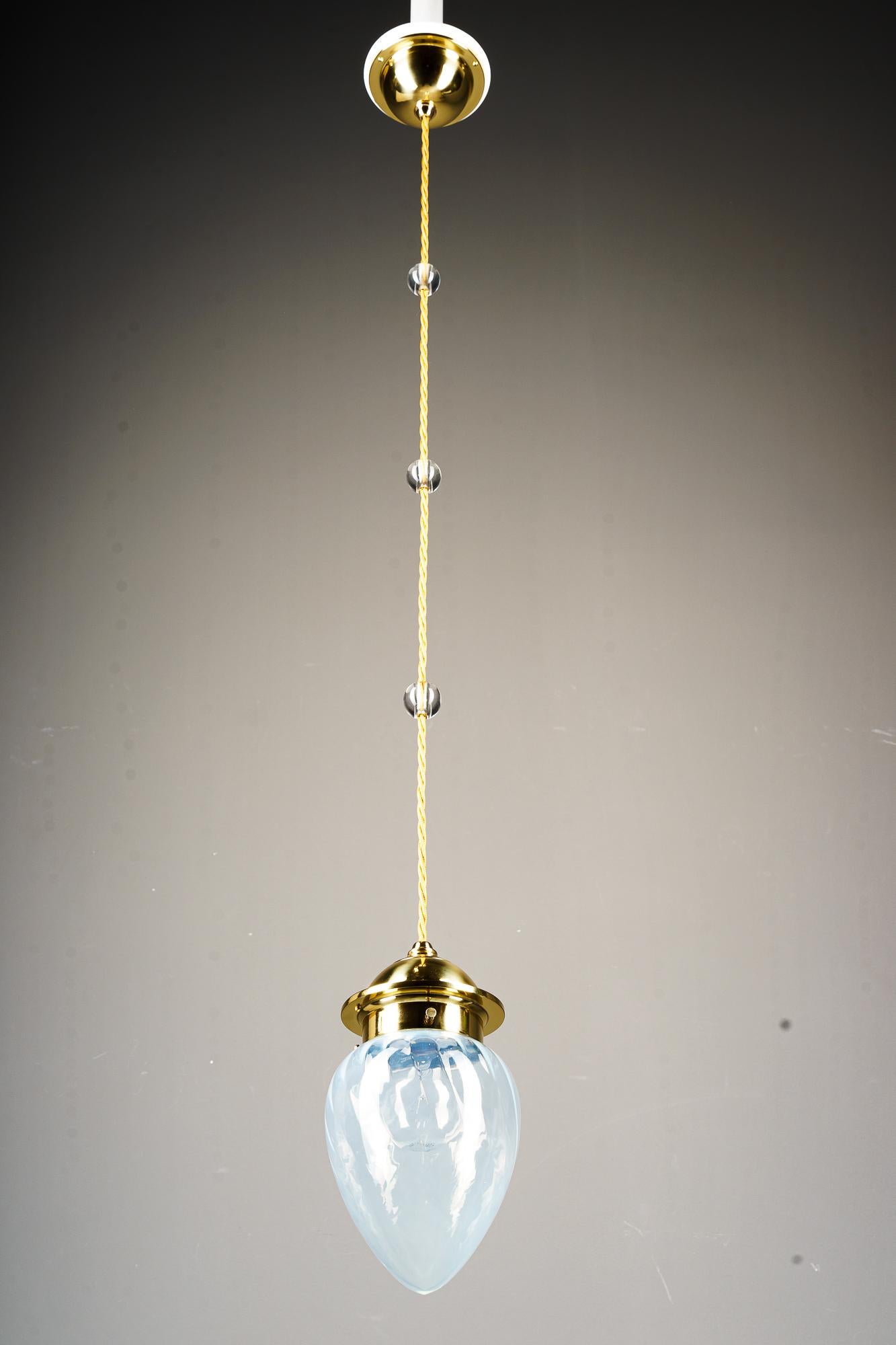 Early 20th Century 3x art deco pendant with blue opaline glass shades vienna around 1920s For Sale