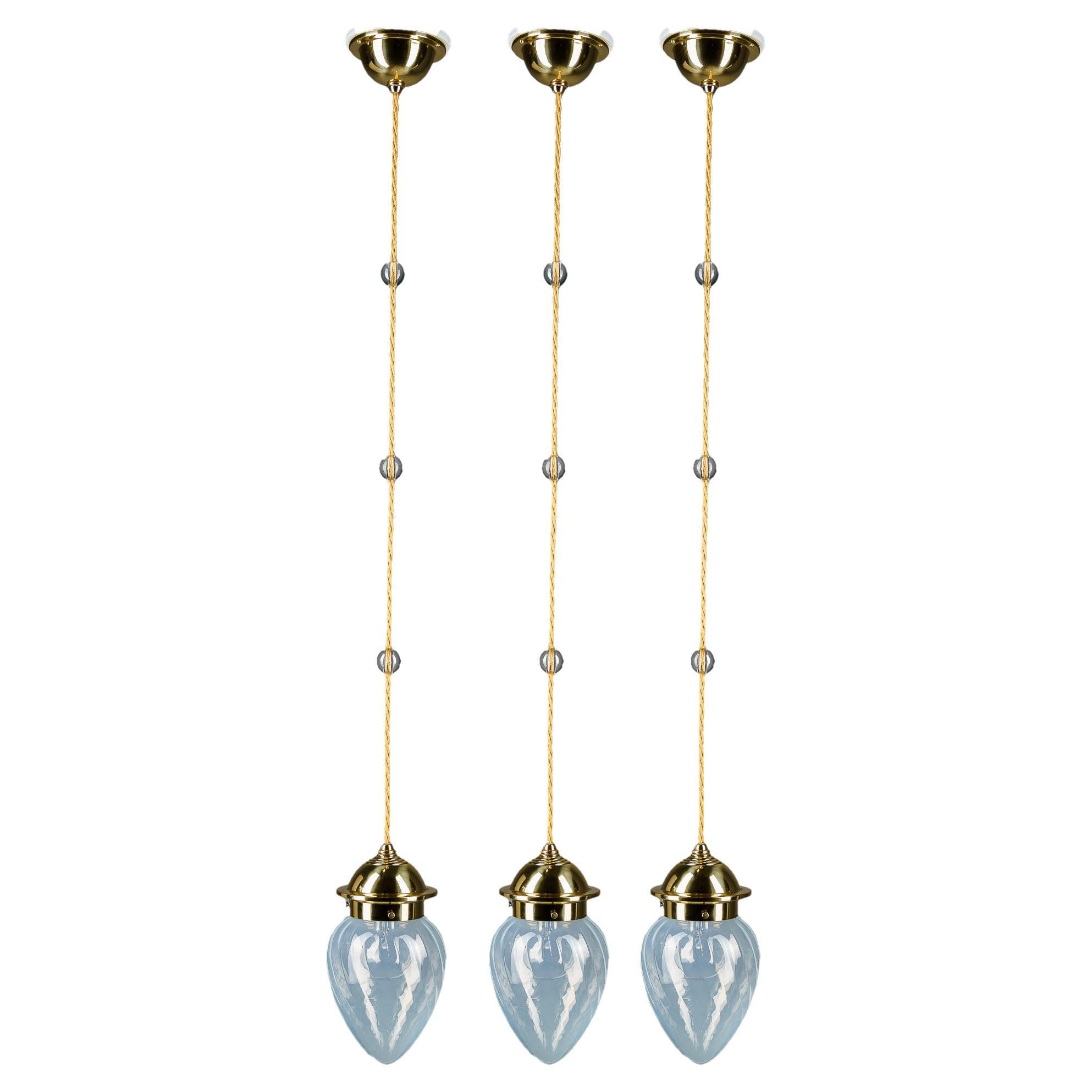 3x art deco pendant with blue opaline glass shades vienna around 1920s For Sale