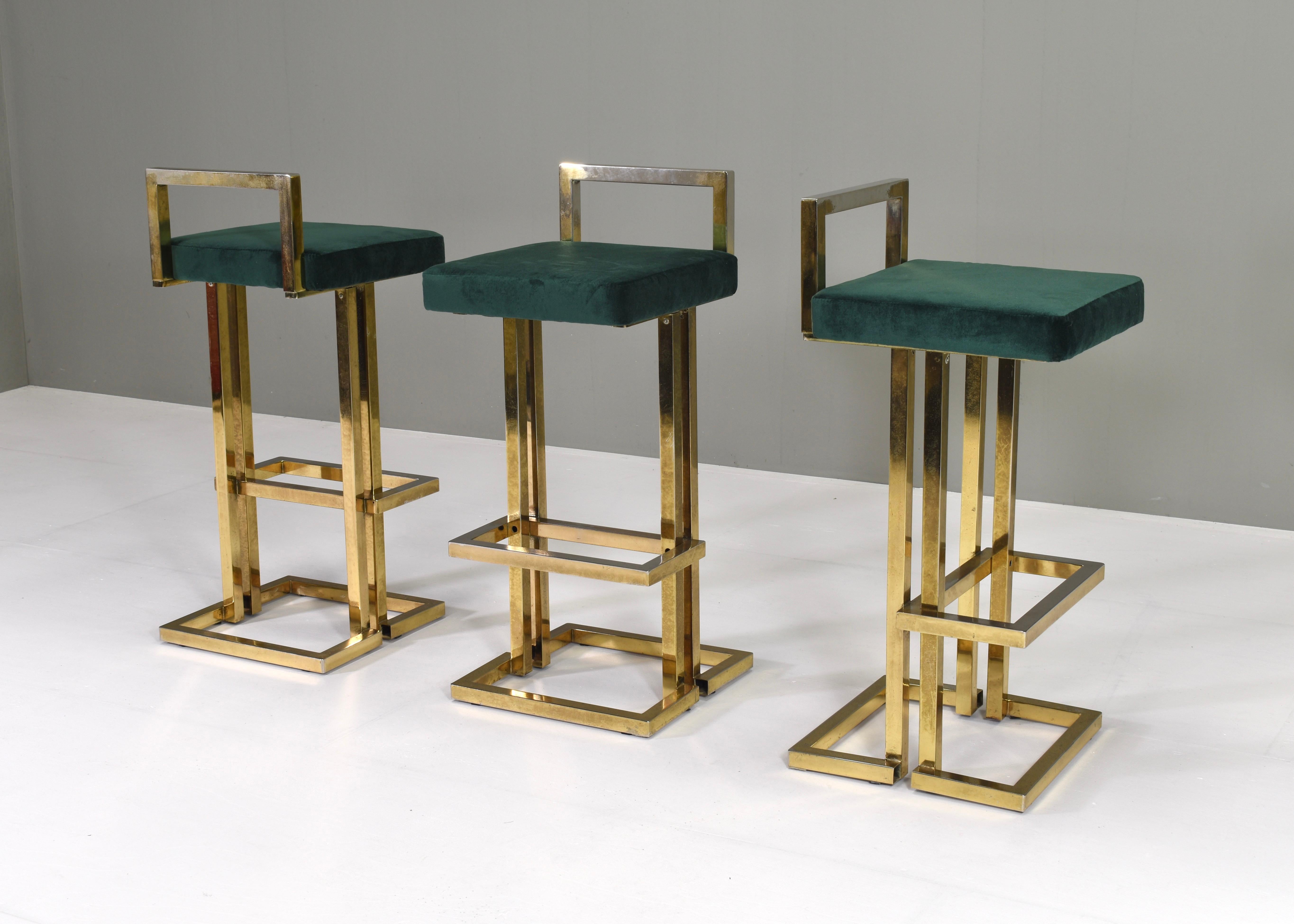 3x Bar Stools by Maison Jansen in Brass & Velvet, France, circa 1970 2