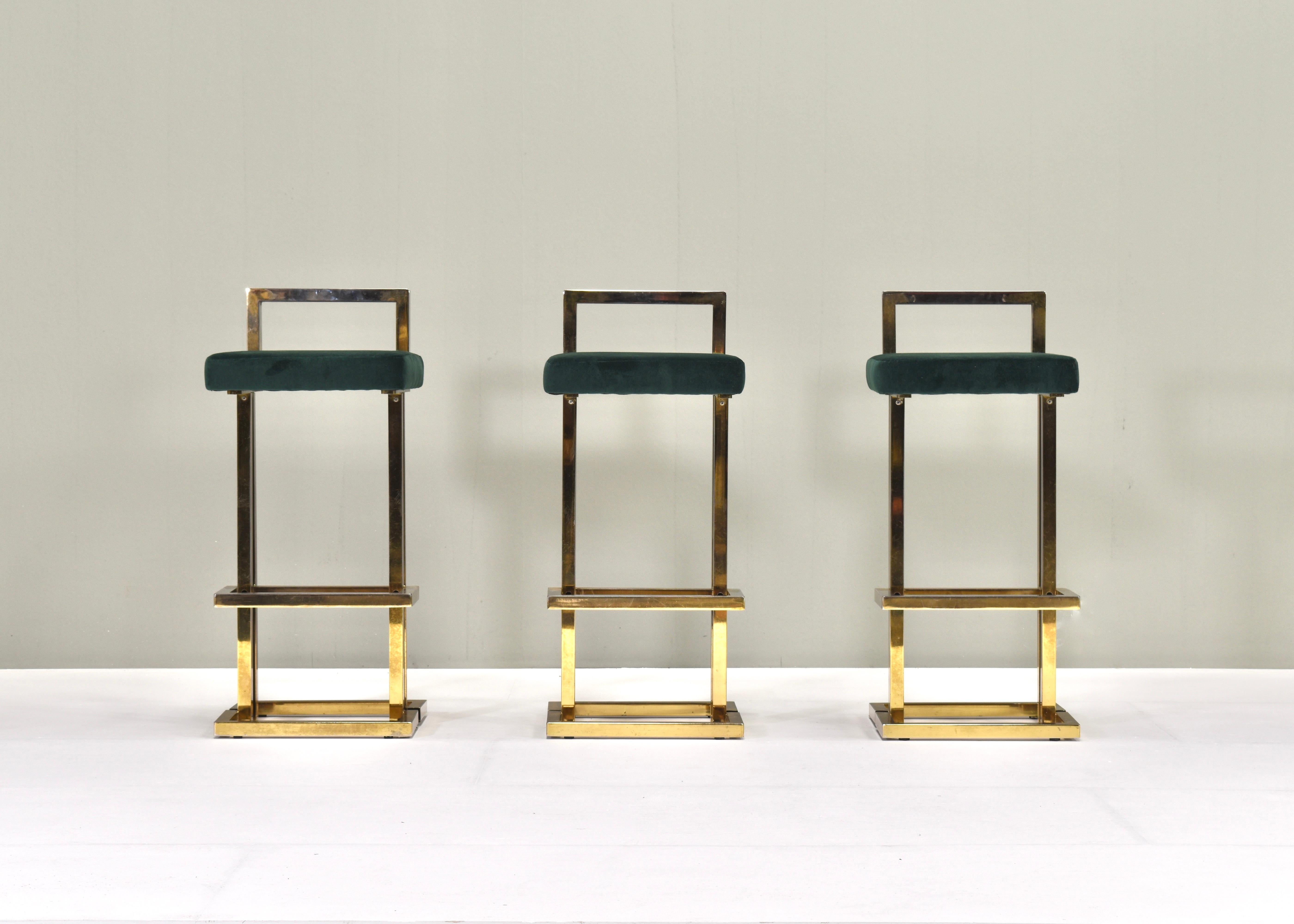 Mid-Century Modern 3x Bar Stools by Maison Jansen in Brass & Velvet, France, circa 1970