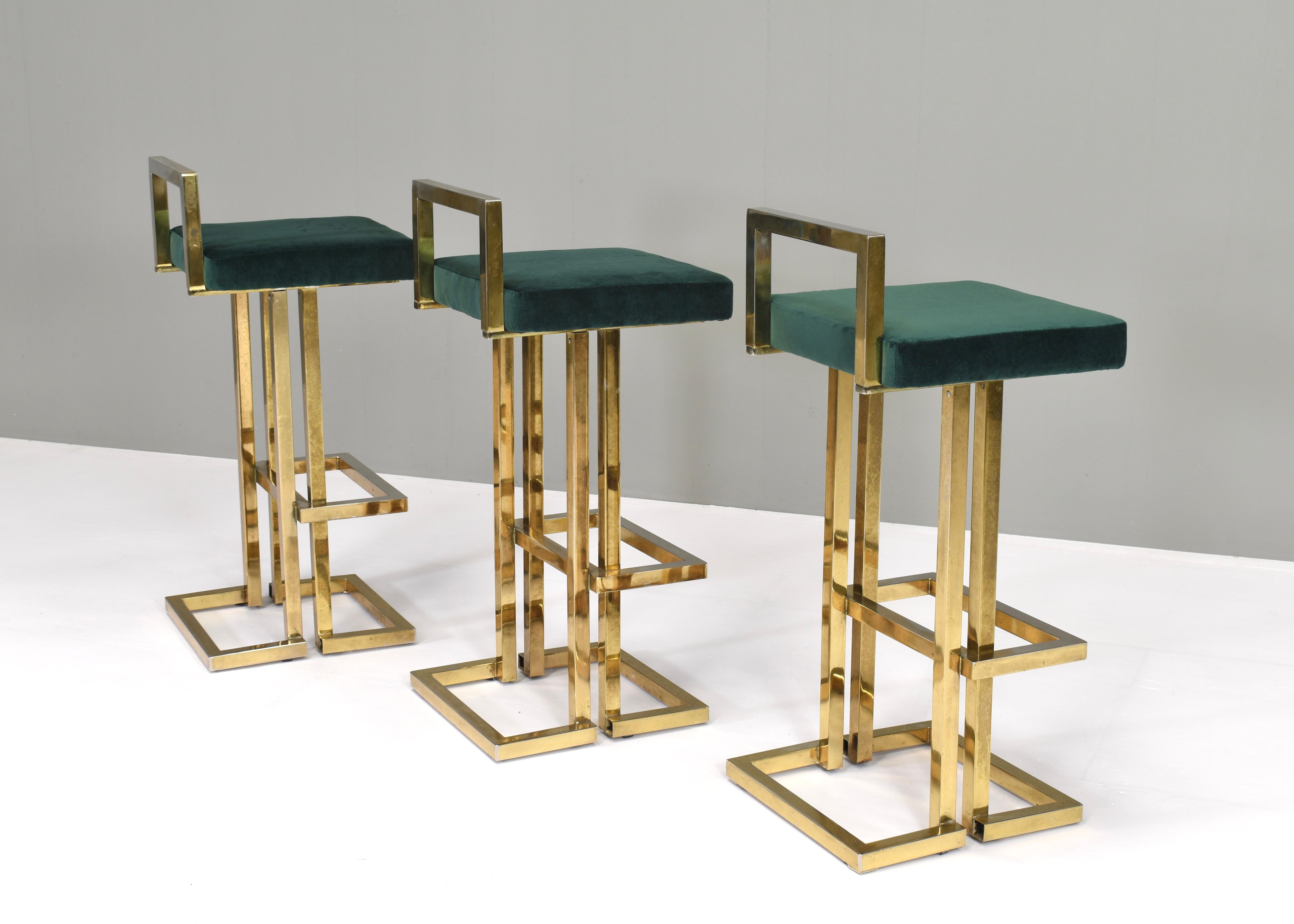 3x Bar Stools by Maison Jansen in Brass & Velvet, France, circa 1970 1