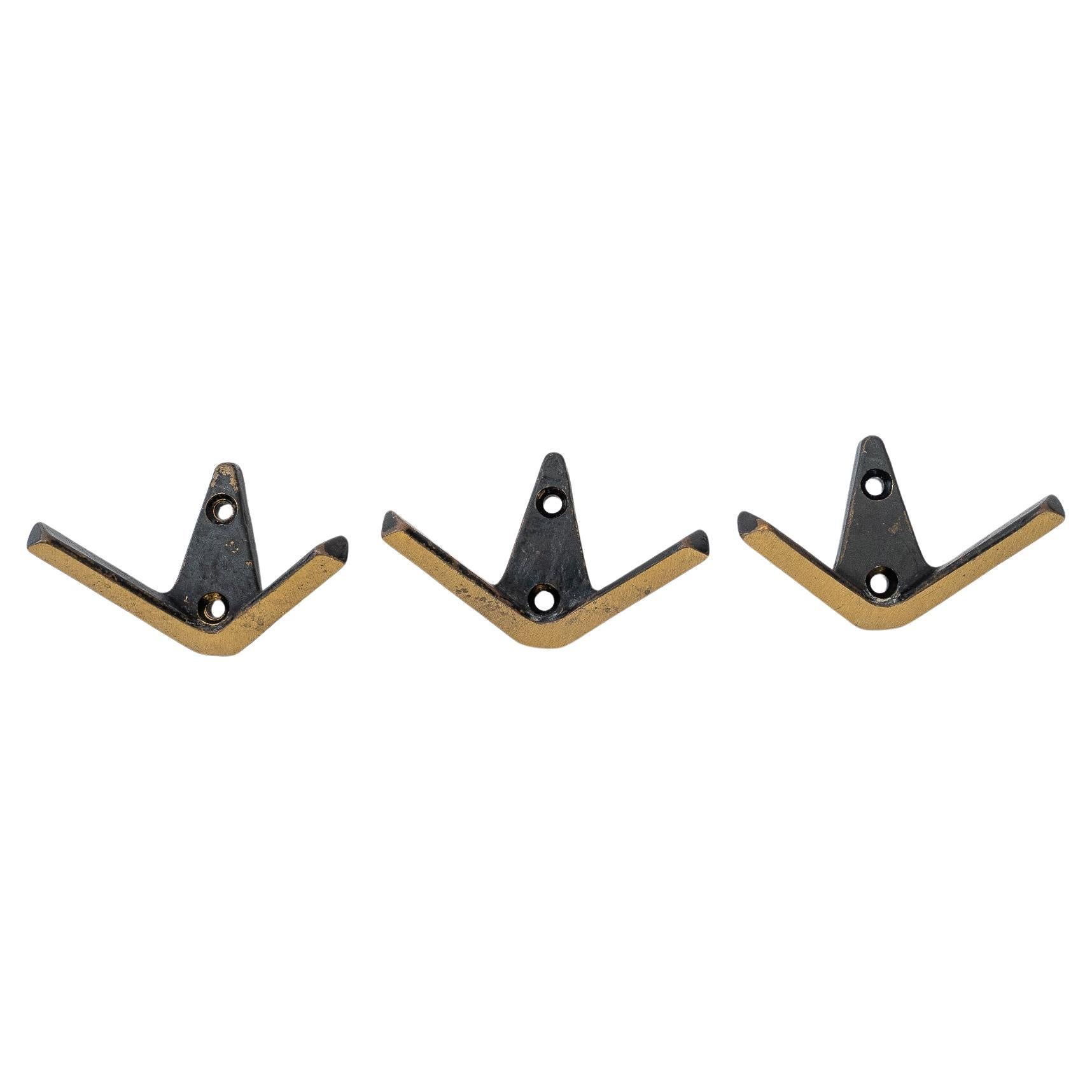 3x Brass Wall Hooks around 1950s