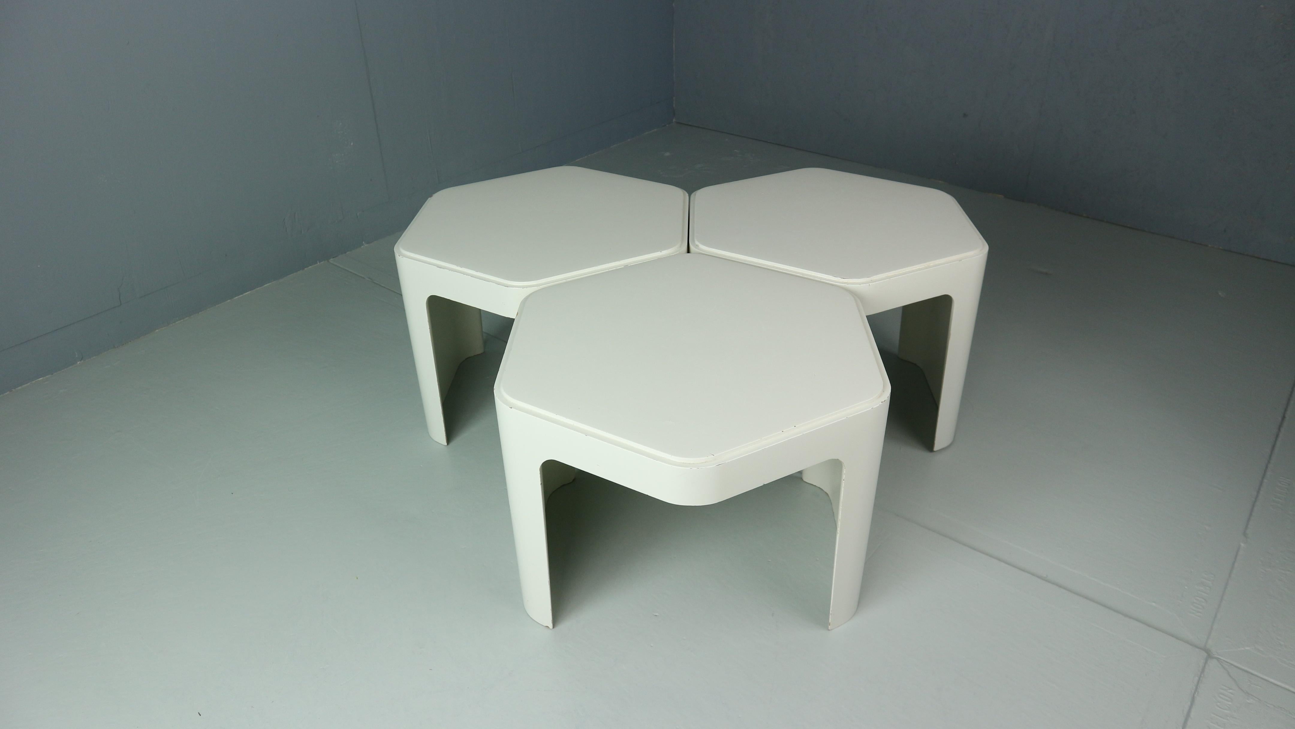 Mid-Century Modern 3x Hexagonal side tables by Peter Ghyzcy for Form + Life Collection, 1970.