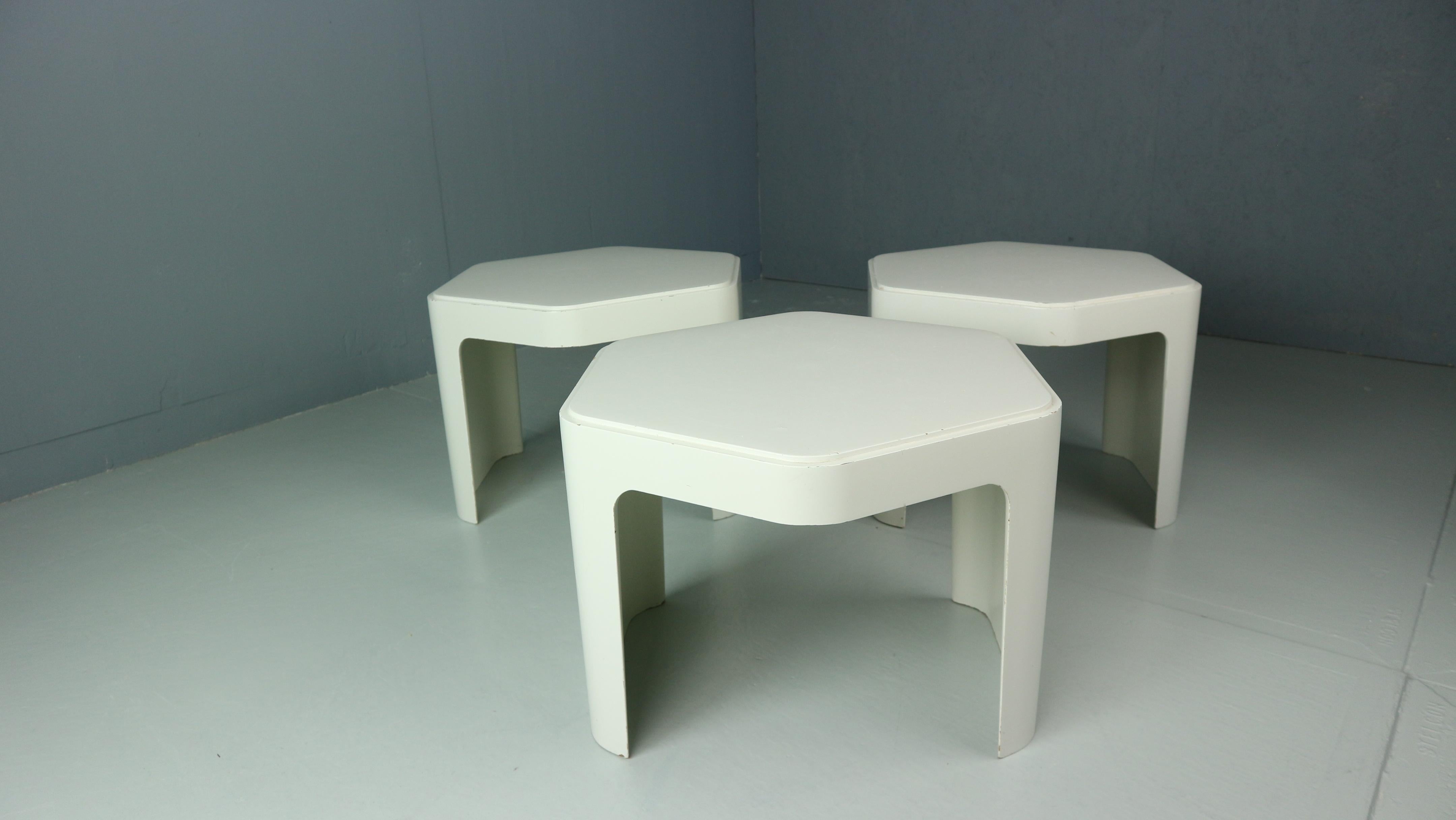 German 3x Hexagonal side tables by Peter Ghyzcy for Form + Life Collection, 1970.