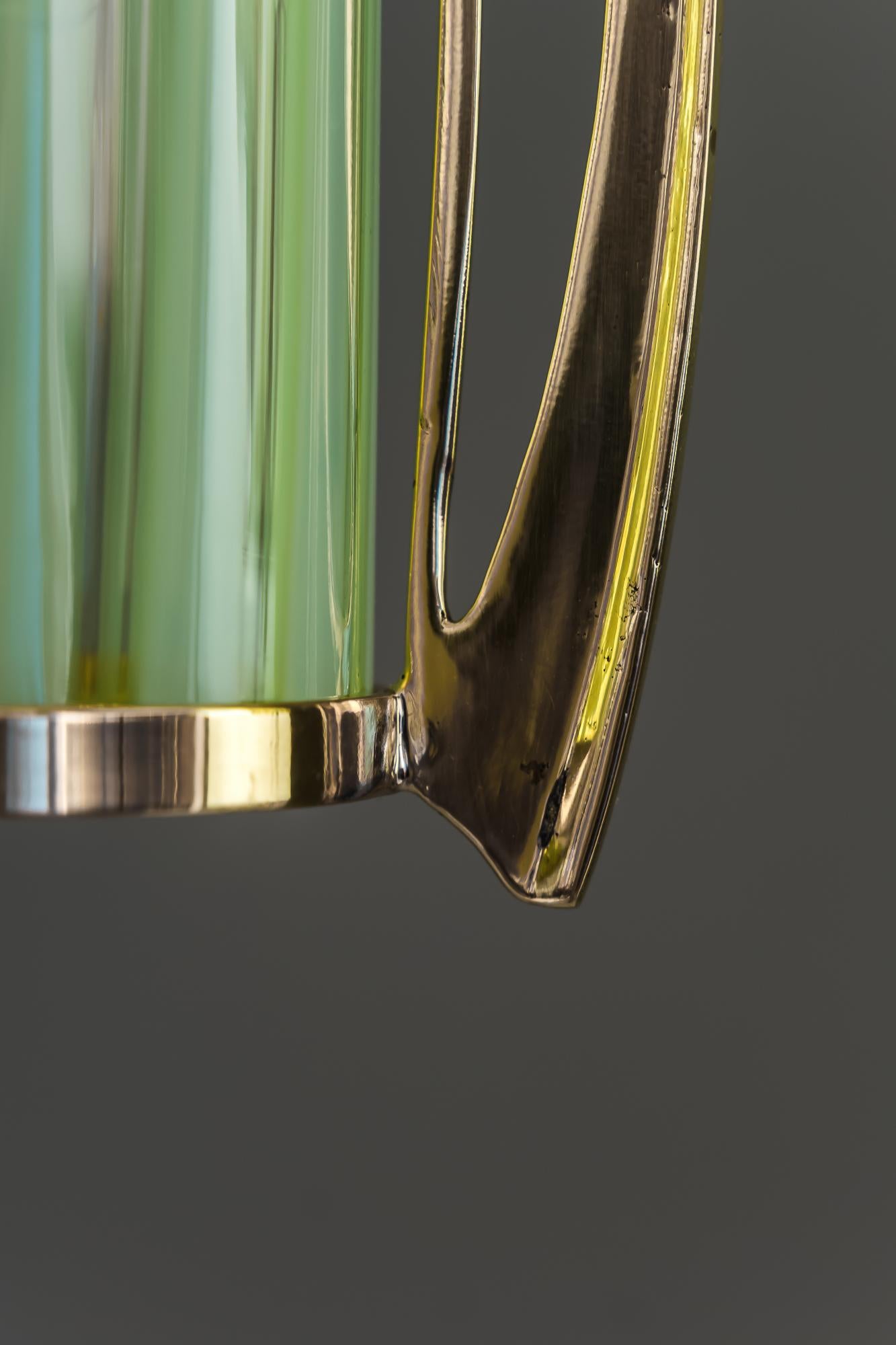 Brass 3x Jugendstil Pendant with Original Opaline Glass Shades, Vienna, Around 1910s