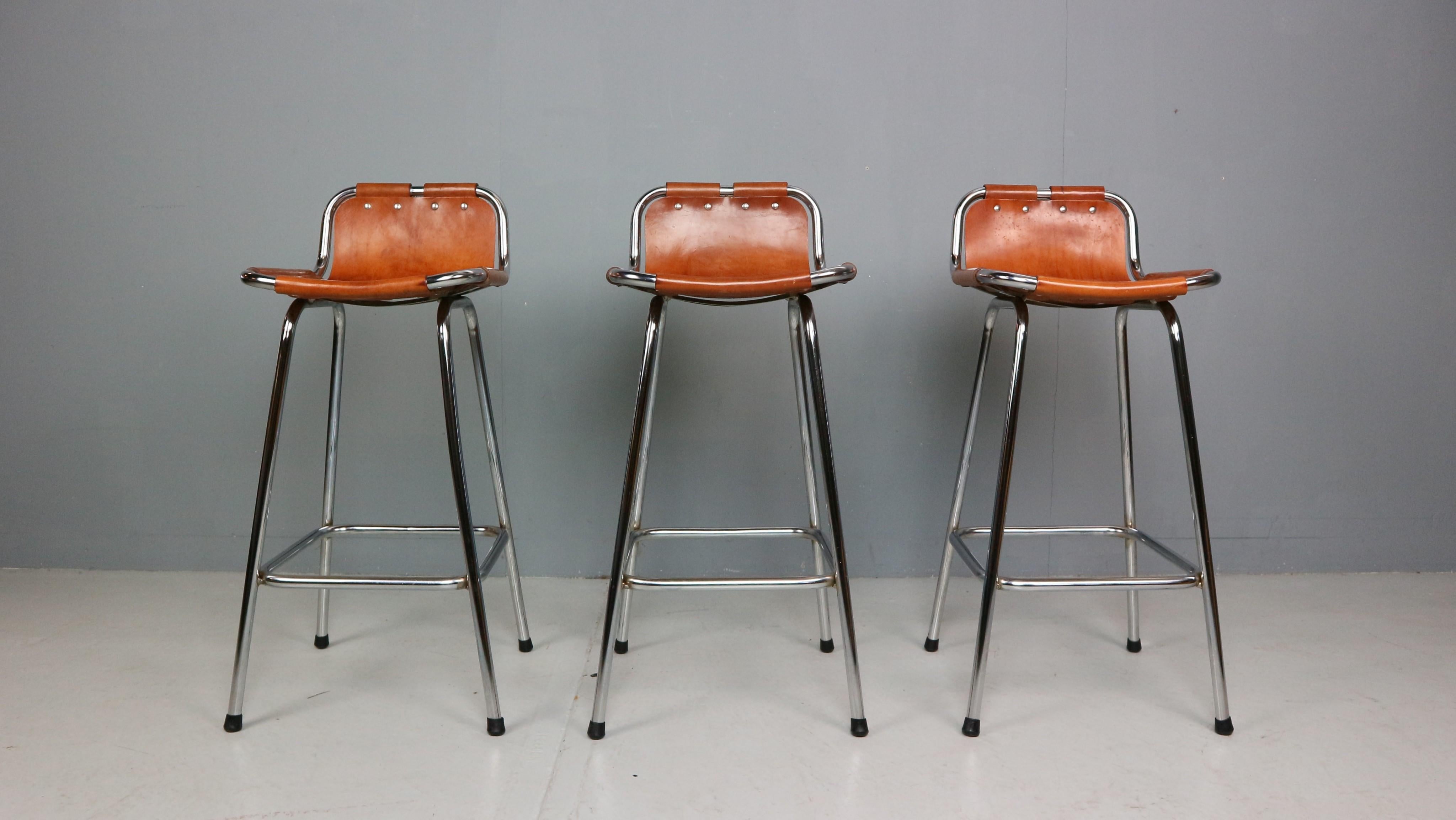 Mid-Century Modern 3x Leather Bar Stool for Les Arc Ski Resort, Selected by Charlotte Perriand
