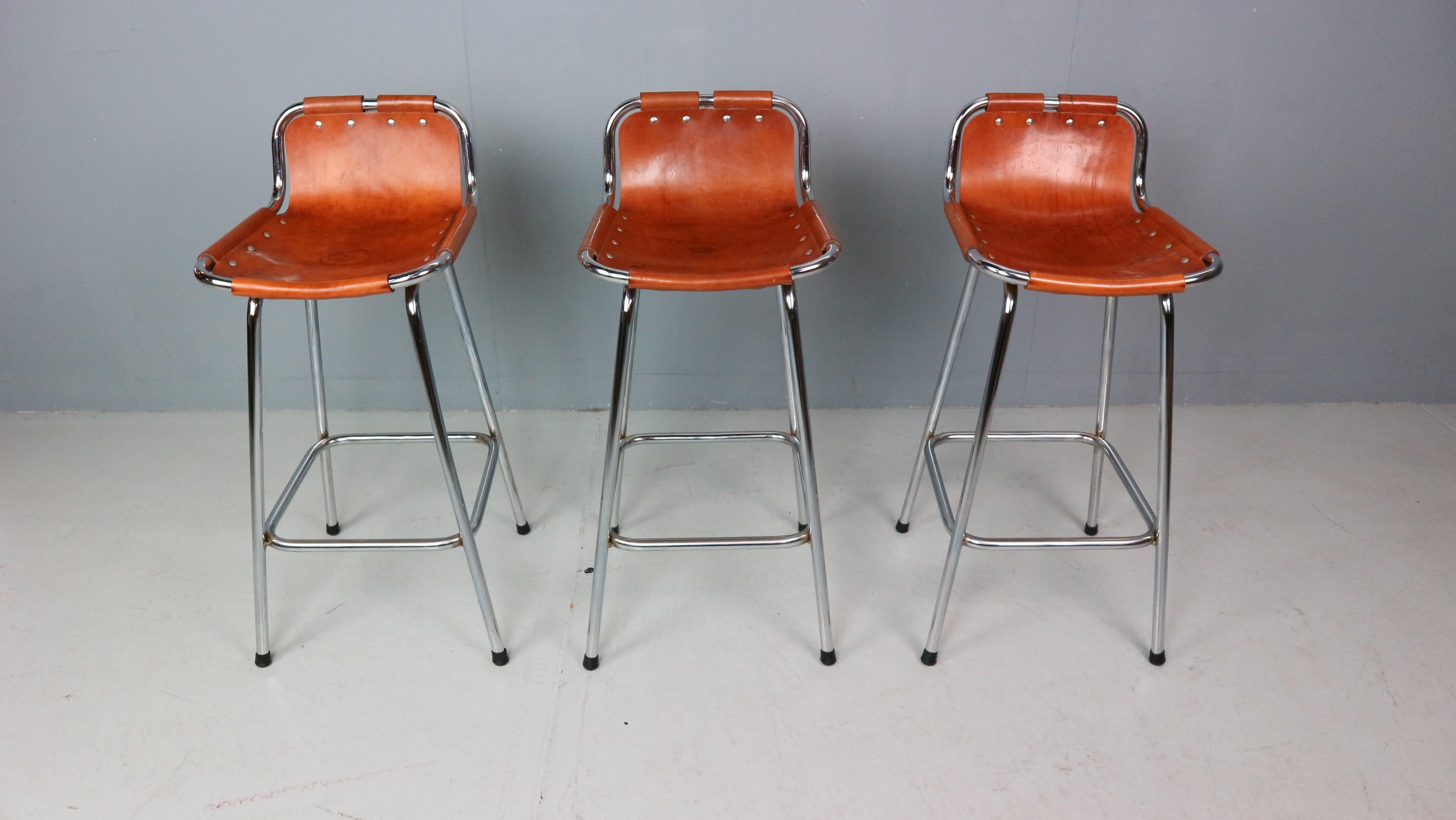 3x Leather Bar Stool for Les Arc Ski Resort, Selected by Charlotte Perriand In Good Condition In The Hague, NL
