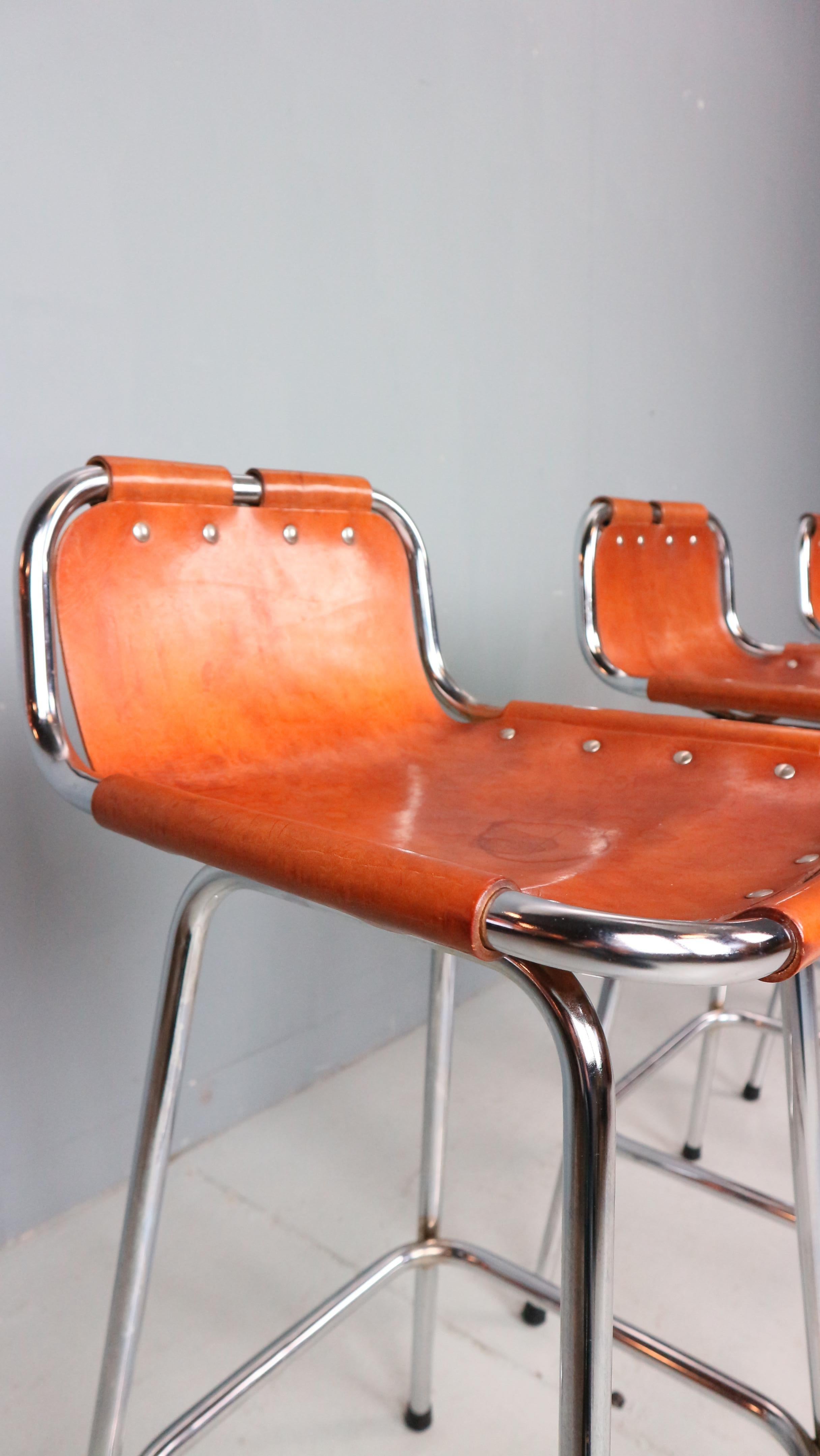 Metal 3x Leather Bar Stool for Les Arc Ski Resort, Selected by Charlotte Perriand