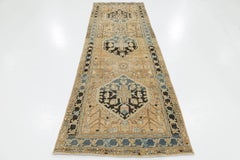 3x10 Antiker Persischer Heriz Läufer - Handgefertigter Wollteppich - Kamel, Schiefer Blau 1920s