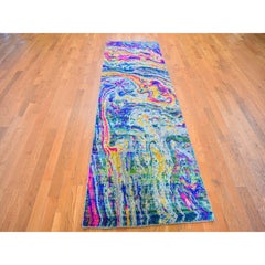3'x10' Colorful Sari Silk With Textured Wool The Lava Design Wide Runner Rug
