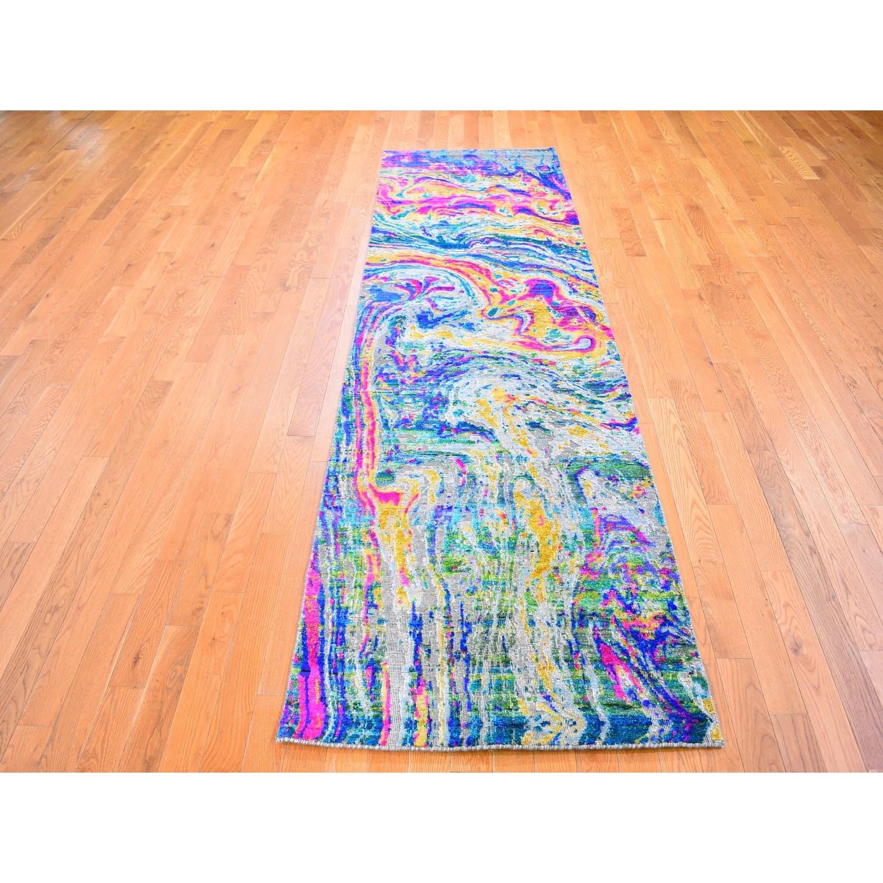 This is a truly genuine one-of-a-kind Colorful Sari Silk with Textured Wool The Lava Design Wide Runner Hand Knotted Oriental Rug. It has been woven for months and months in the centuries-old Persian weaving craftsmanship techniques by expert