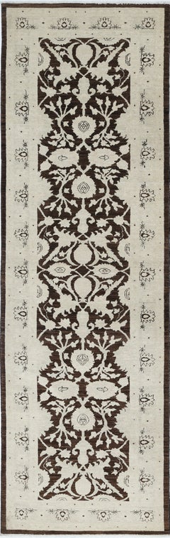 3x10 ft Floral Hallway Runner. Brown Kitchen Rug. Handknotted Corridor Rug