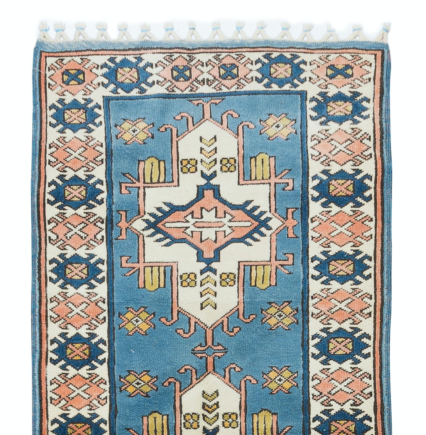 Turkish 3x10 Ft Traditional Vintage Hand Knotted Anatolian Wool Runner Rug in Blue For Sale