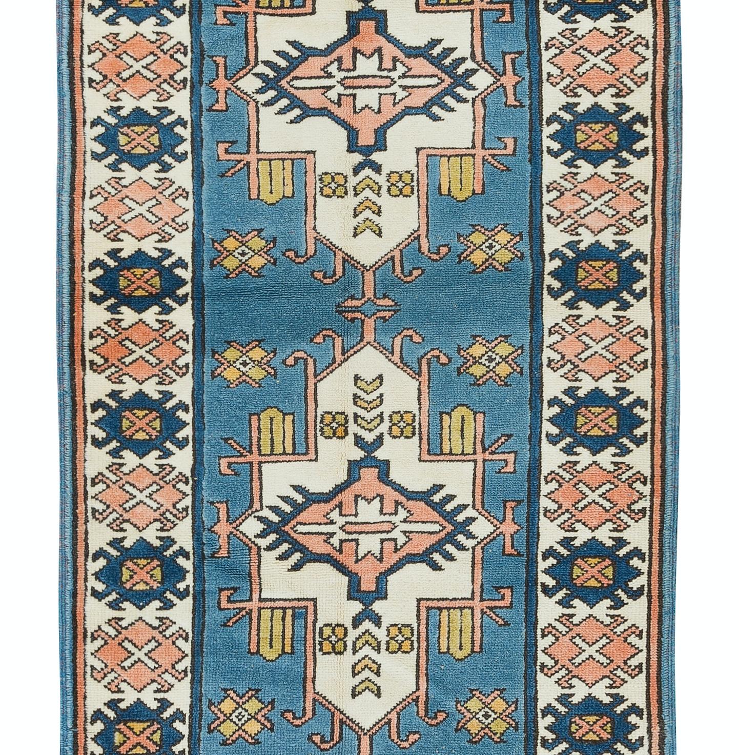 Hand-Knotted 3x10 Ft Traditional Vintage Hand Knotted Anatolian Wool Runner Rug in Blue For Sale