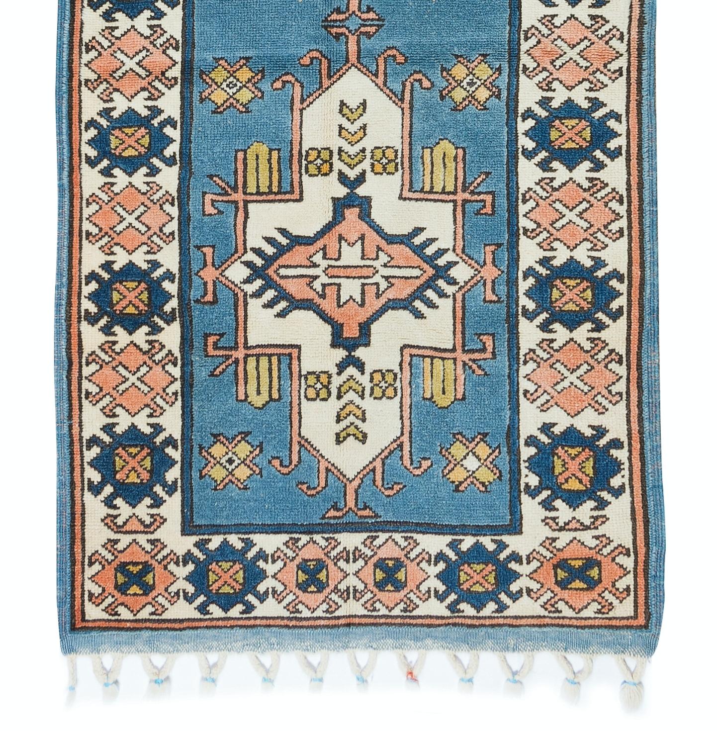 3x10 Ft Traditional Vintage Hand Knotted Anatolian Wool Runner Rug in Blue In Good Condition For Sale In Philadelphia, PA
