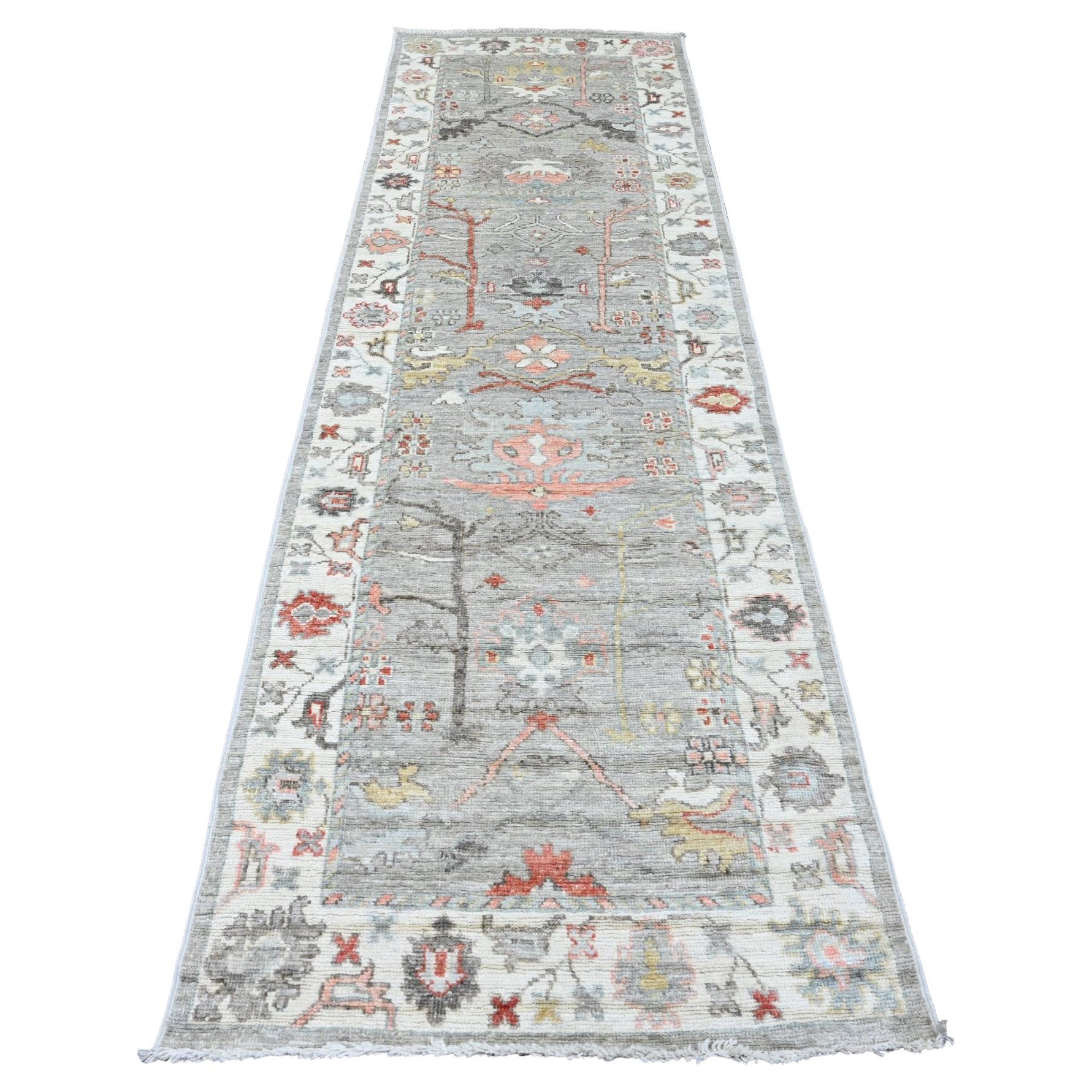 3'x10' Gray Afghan Angora Oushak Leaf Design Hand Knotted Wool Runner Rug