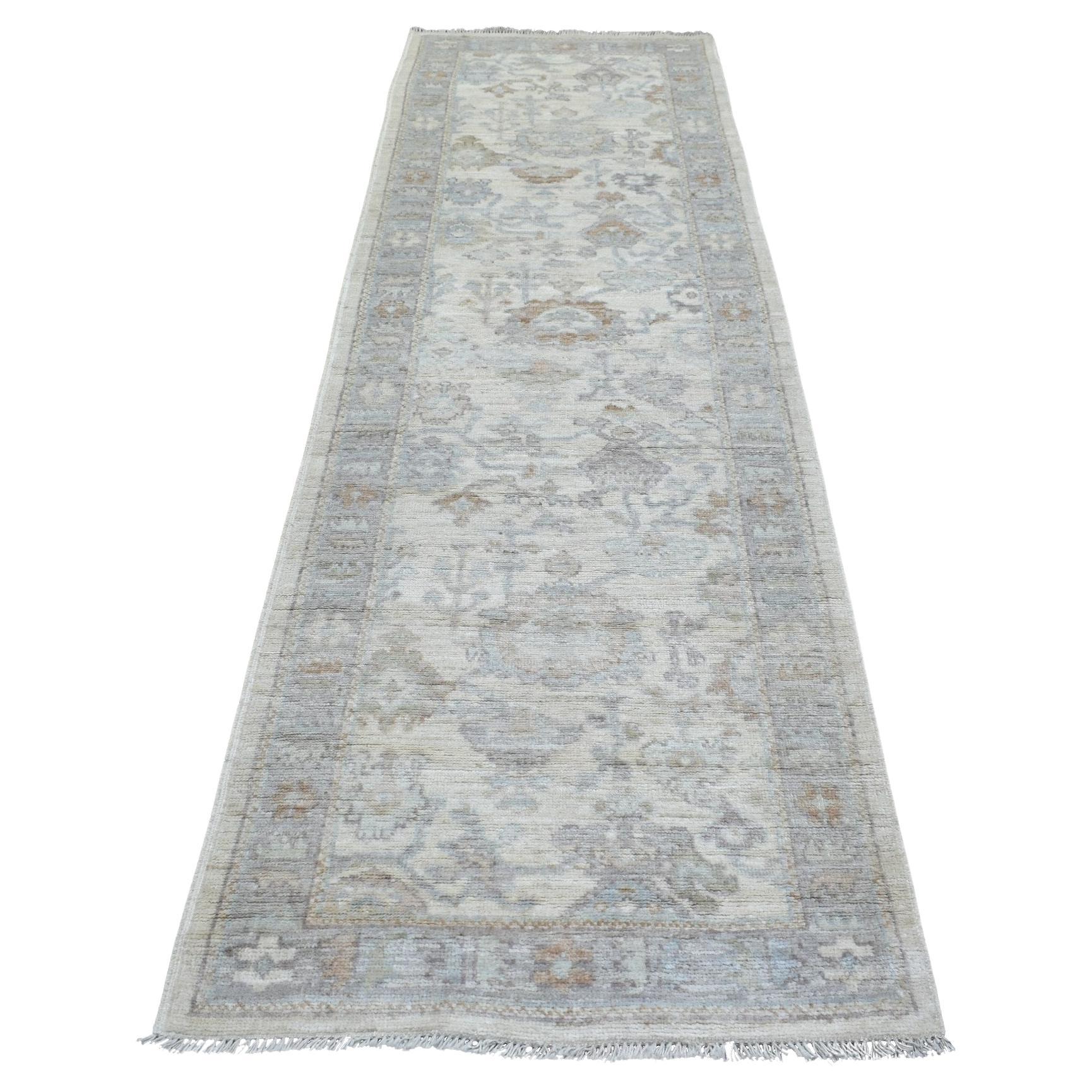 3'x10' Ivory, Hand Knotted Angora Ushak, Afghan Wool Runner Rug