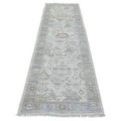 3'x10' Ivoire, Tapis de course noué à la main en Angora Ushak, laine afghane