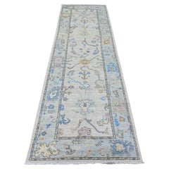 3'x10'1" White Hand Knotted Afghan Angora Oushak Vines Design Wool Runner Rug
