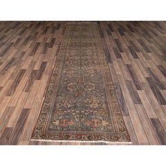3'x10'10" Brown Silver Wash Vintage Persian Tabriz Hand Knotted Wool Runner Rug