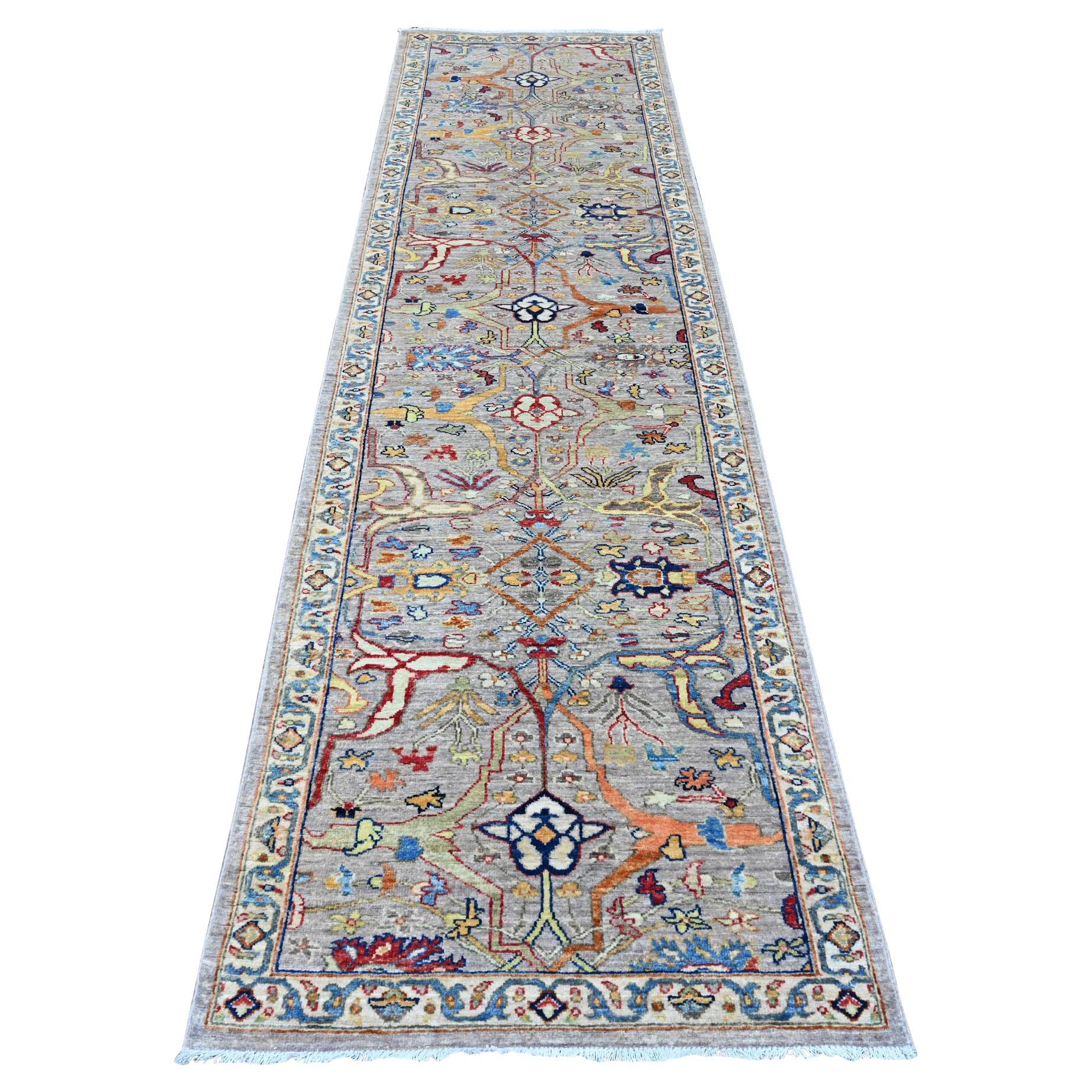 3'x10'10" Tapis de course en laine grise Peshawar with Bijar Garus Design/One, noué à la main