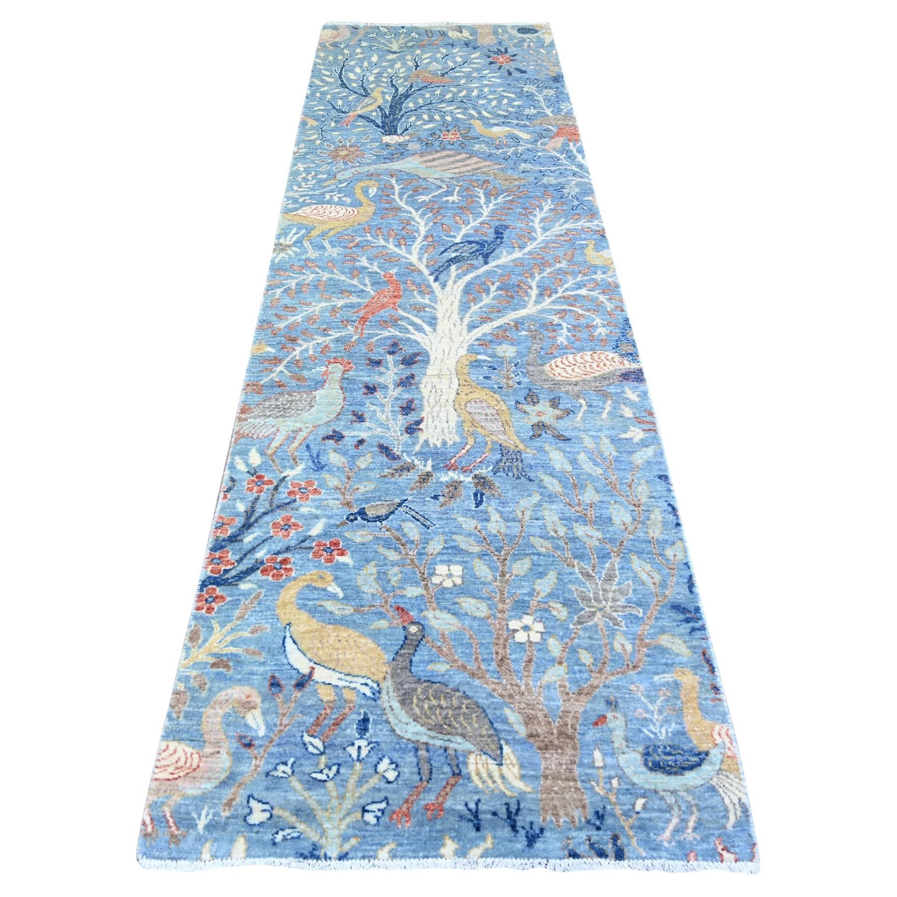3'x10'2" Blue Peshawar Birds of Paradise Wool Hand Knotted Runner Oriental Rug