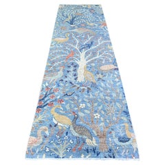 3'x10'2" Blauer handgeknüpfter orientalischer Teppich aus Wolle mit blauen Peshawar-Vogeln des Paradieses