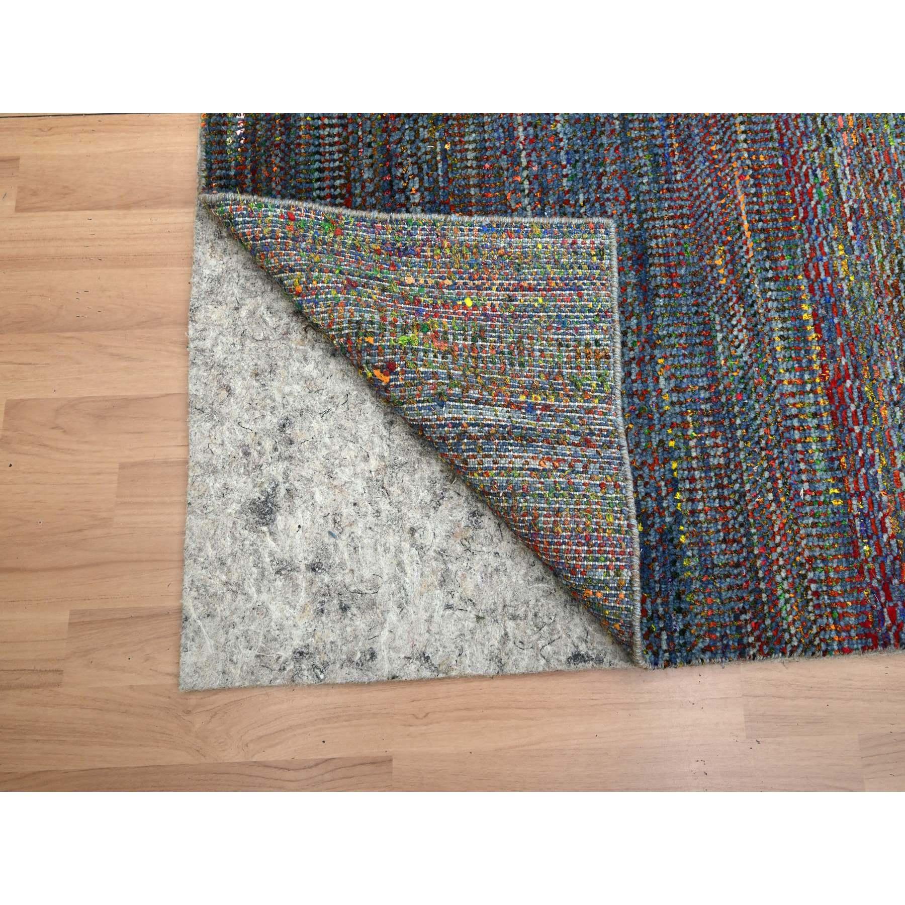 Moderno Tappeto Runner in lana e seta blu cobalto annodato a mano con disegno di erba colorata 3'x10'2