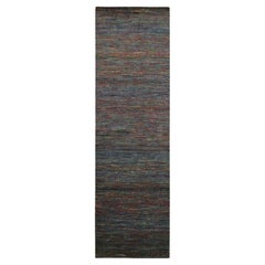 Tappeto Runner in lana e seta blu cobalto annodato a mano con disegno di erba colorata 3'x10'2"