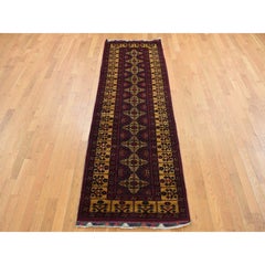 3'x10'2" Red Afghan Khamyab Shiny Wool Hand Knotted Runner Oriental Rug