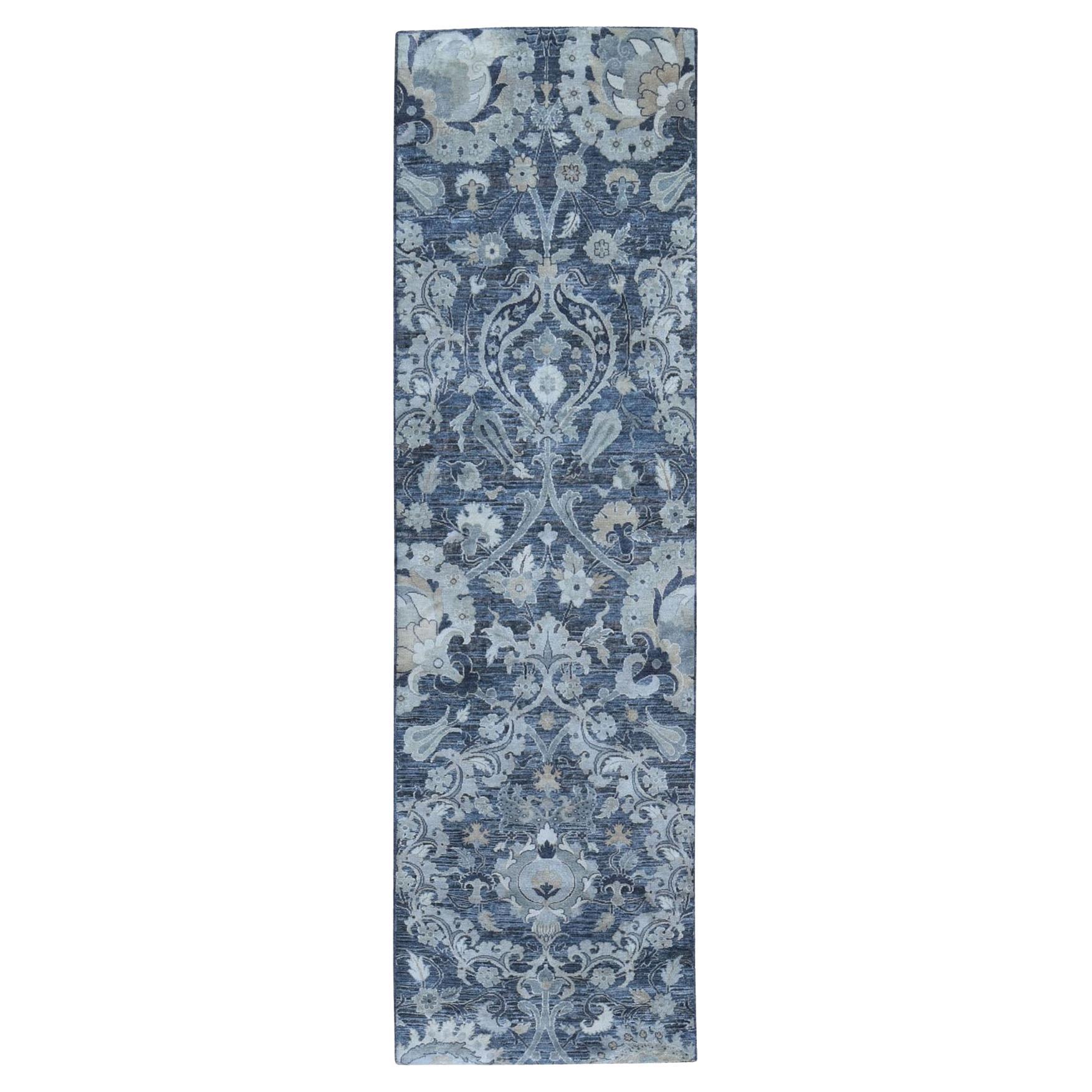 3'x10'2" Silk with Textured Wool Palmette Motif Hand Knotted Wide Runner Rug