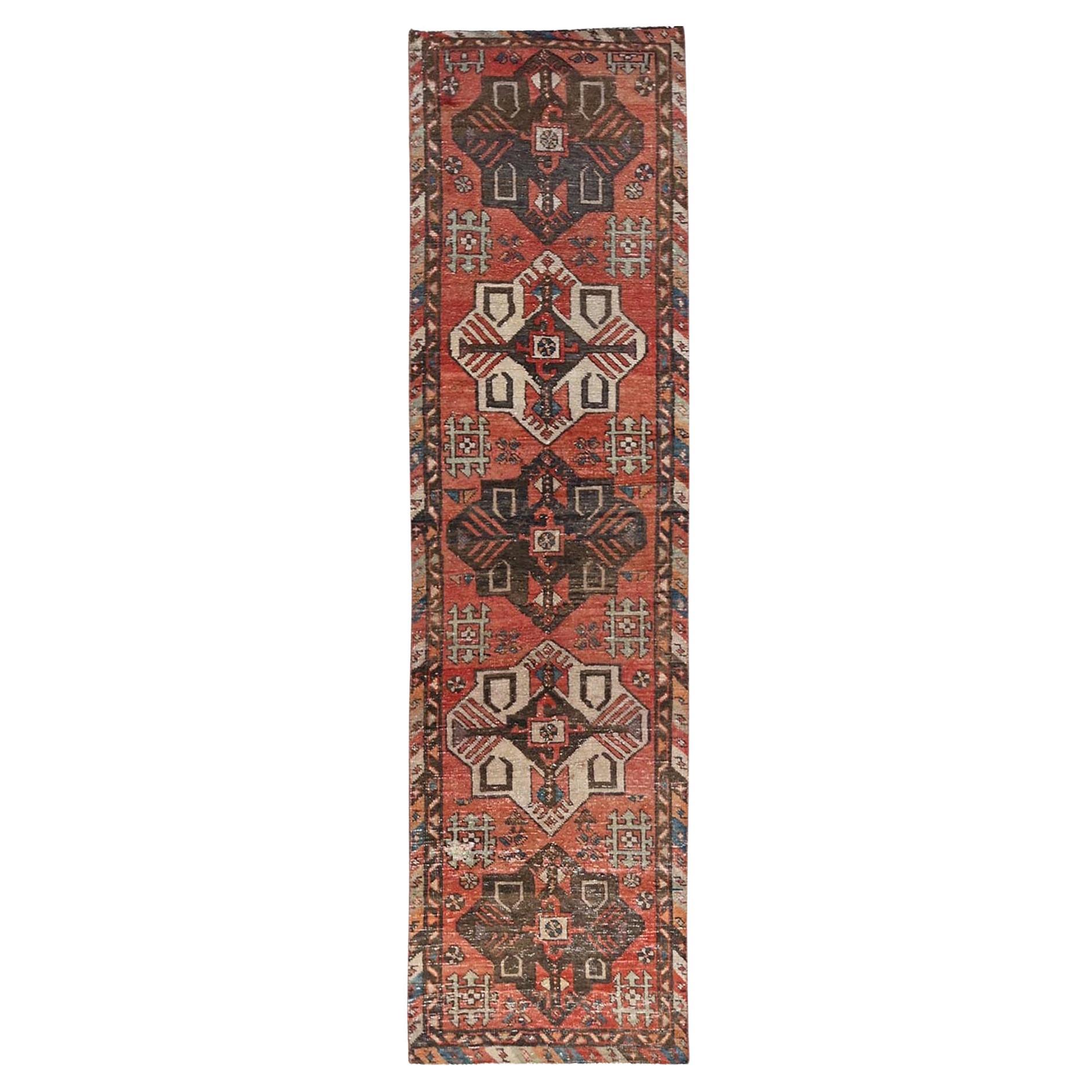 3'x10'3" Koralle Rot Vintage Persischer Bakhtiar Handgeknüpfter Läufer aus reiner Wolle
