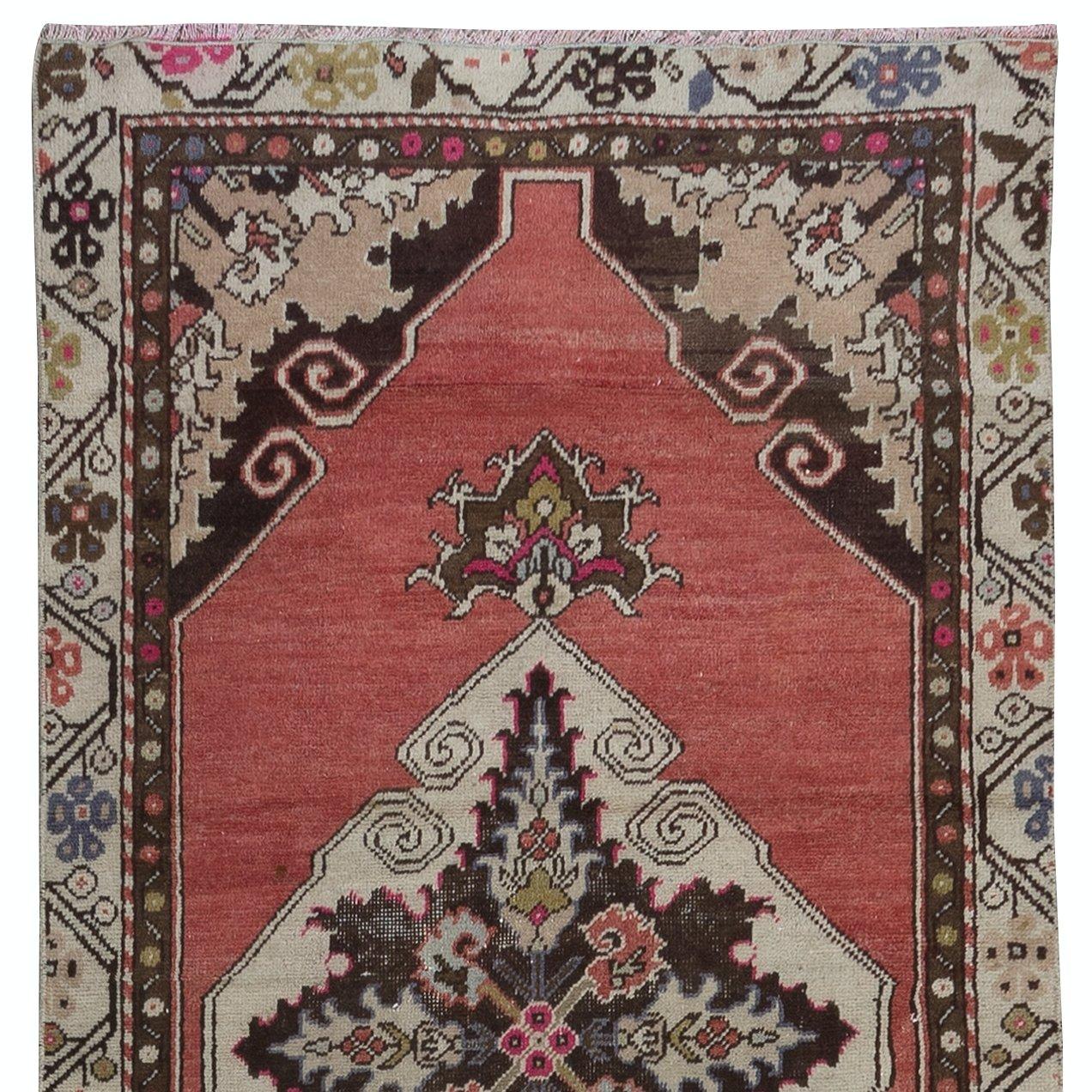 Turkish 3x10.3 Ft HandKnotted Vintage Hallway Runner Rug in Red with Colorful Medallions For Sale